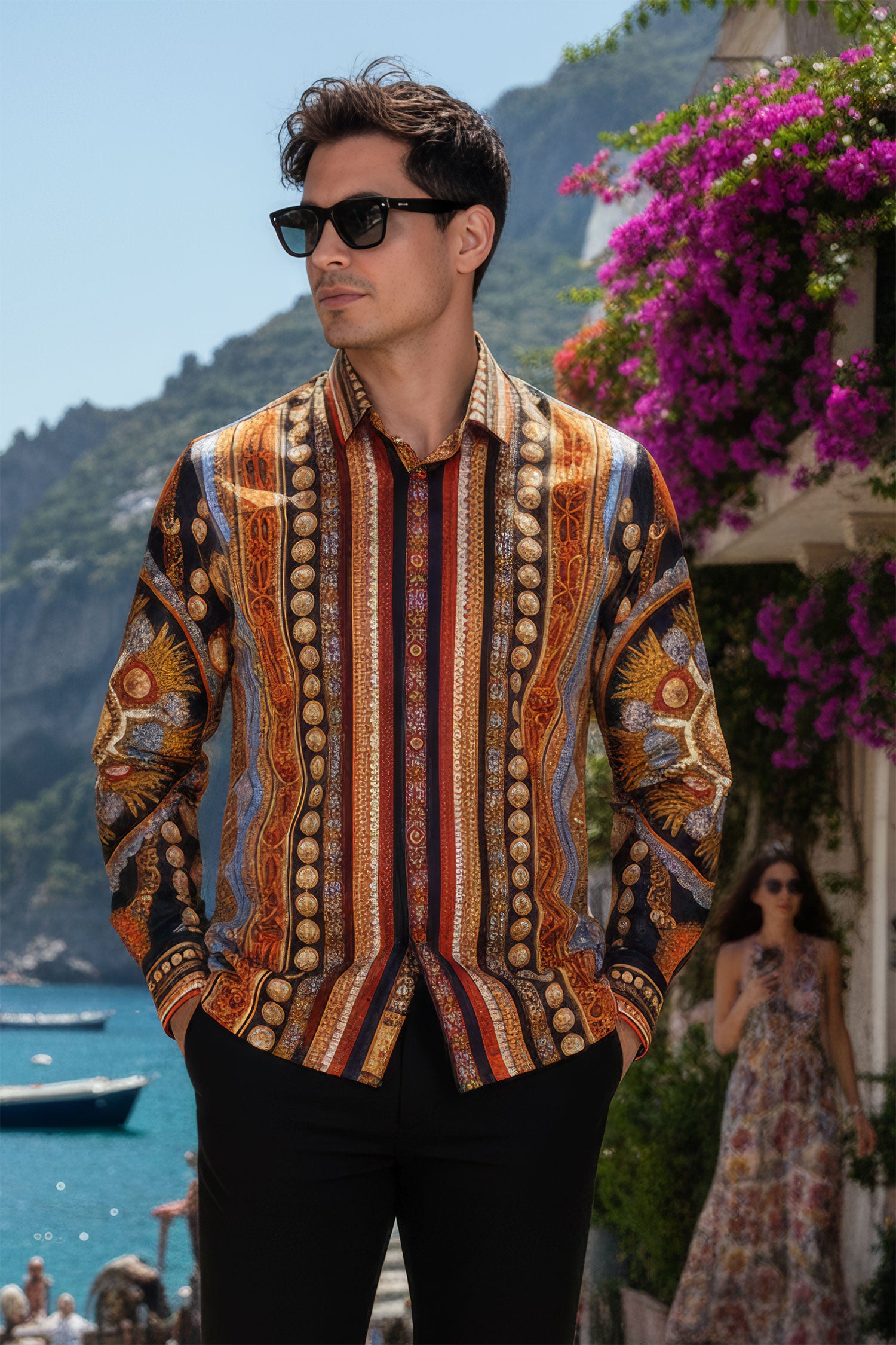 Barabas Men's Rhinestones Floral 50 Pesos Long Sleeve Shirts 5SPR09 Black