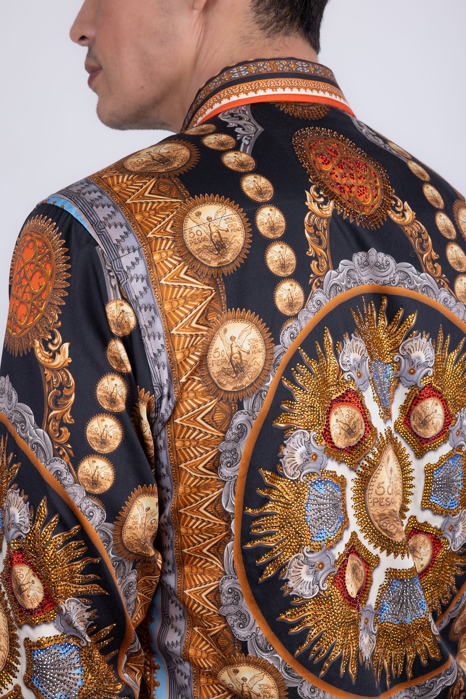 Barabas Men's Rhinestones Floral 50 Pesos Long Sleeve Shirts 5SPR09 Black