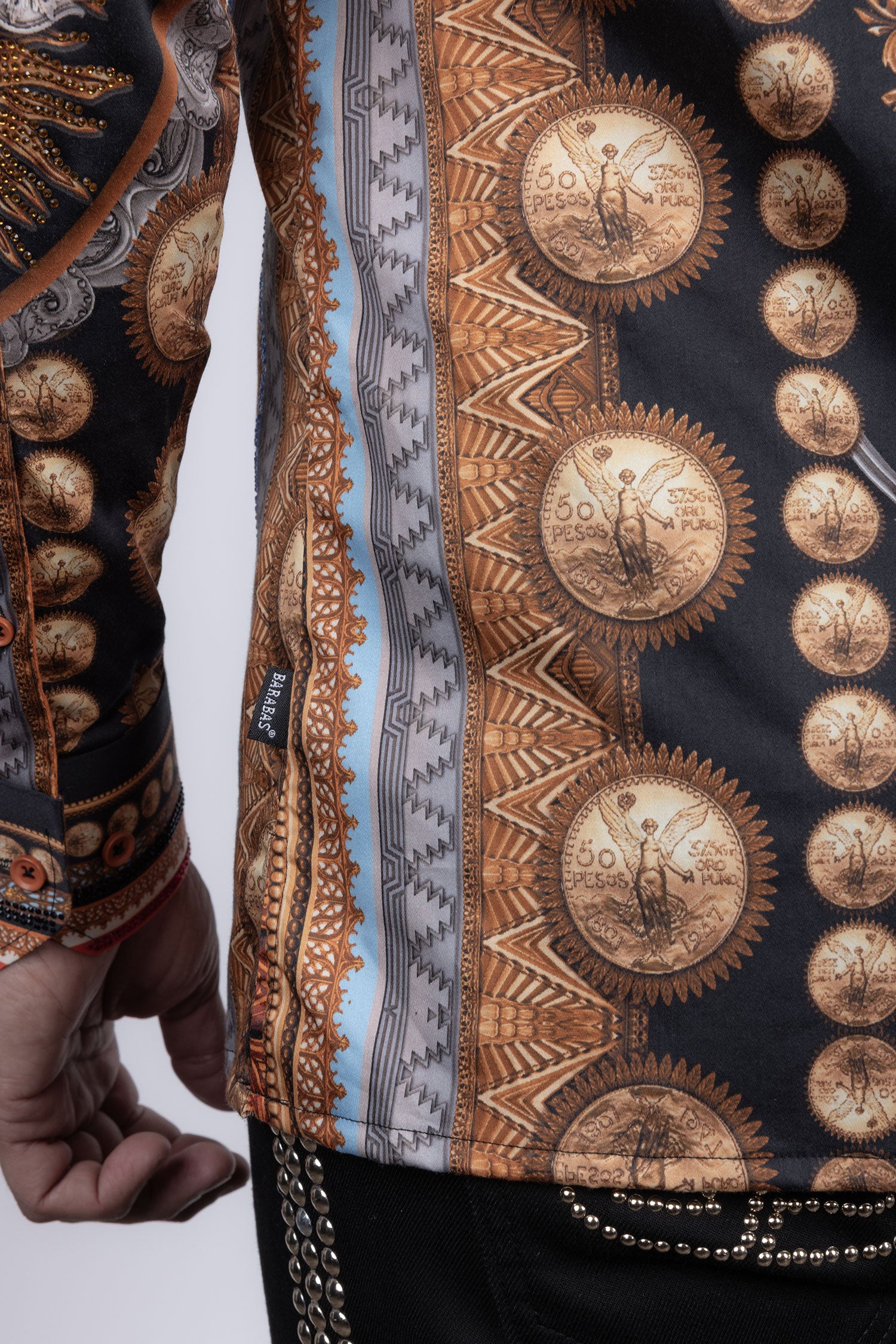 Barabas Men's Rhinestones Floral 50 Pesos Long Sleeve Shirts 5SPR09 Black