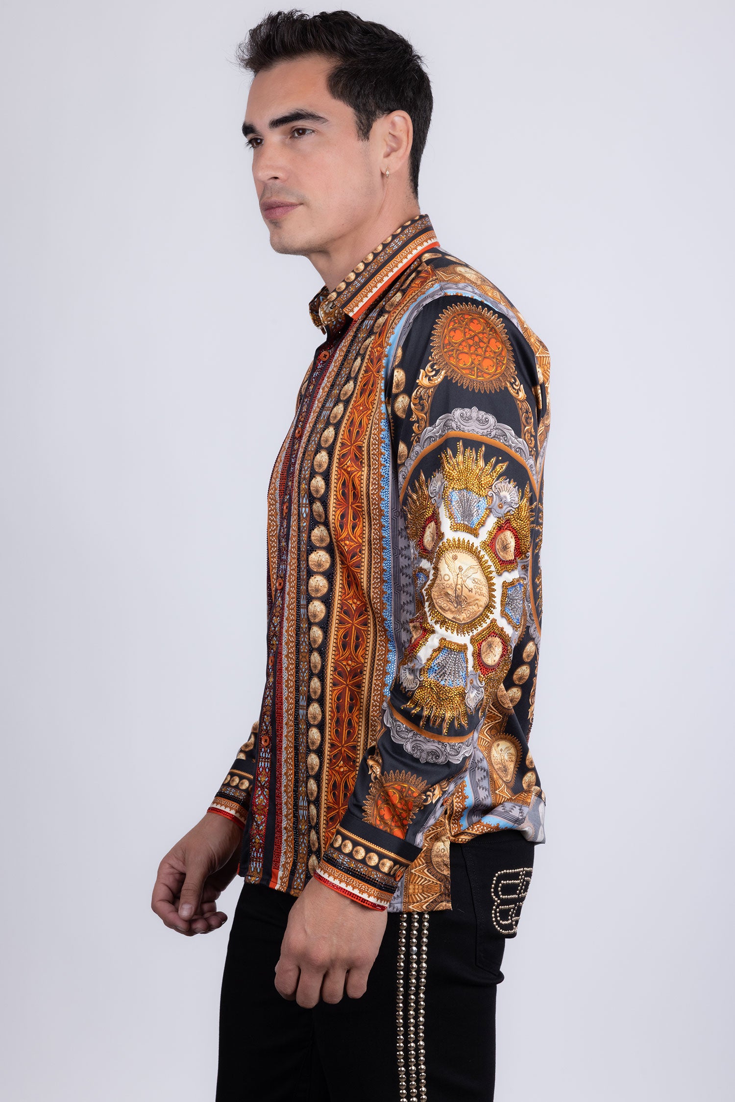 Barabas Men's Rhinestones Floral 50 Pesos Long Sleeve Shirts 5SPR09 Black