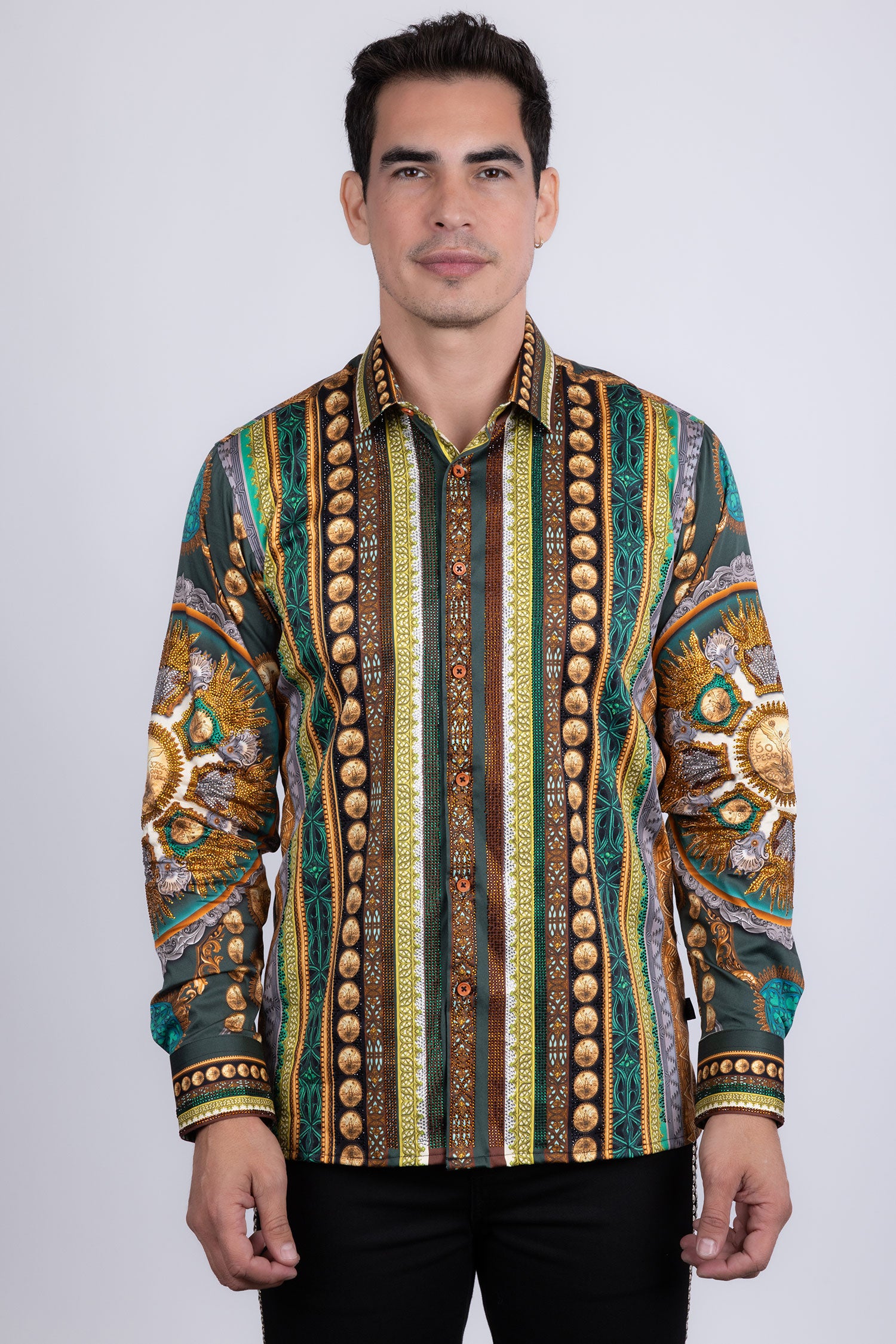 Barabas Men's Rhinestones Floral 50 Pesos Long Sleeve Shirts 5SPR09 Green