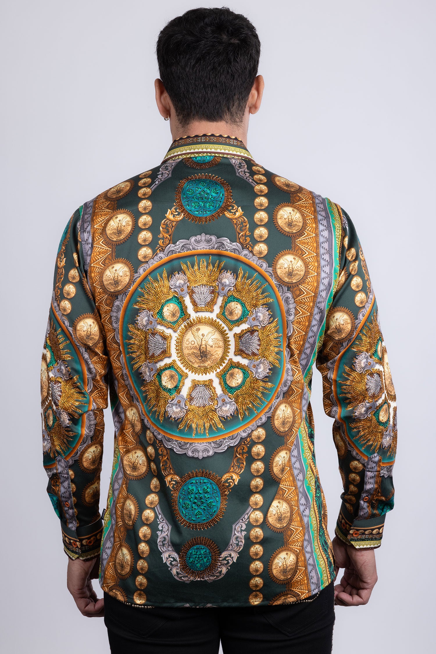 Barabas Men's Rhinestones Floral 50 Pesos Long Sleeve Shirts 5SPR09 Black