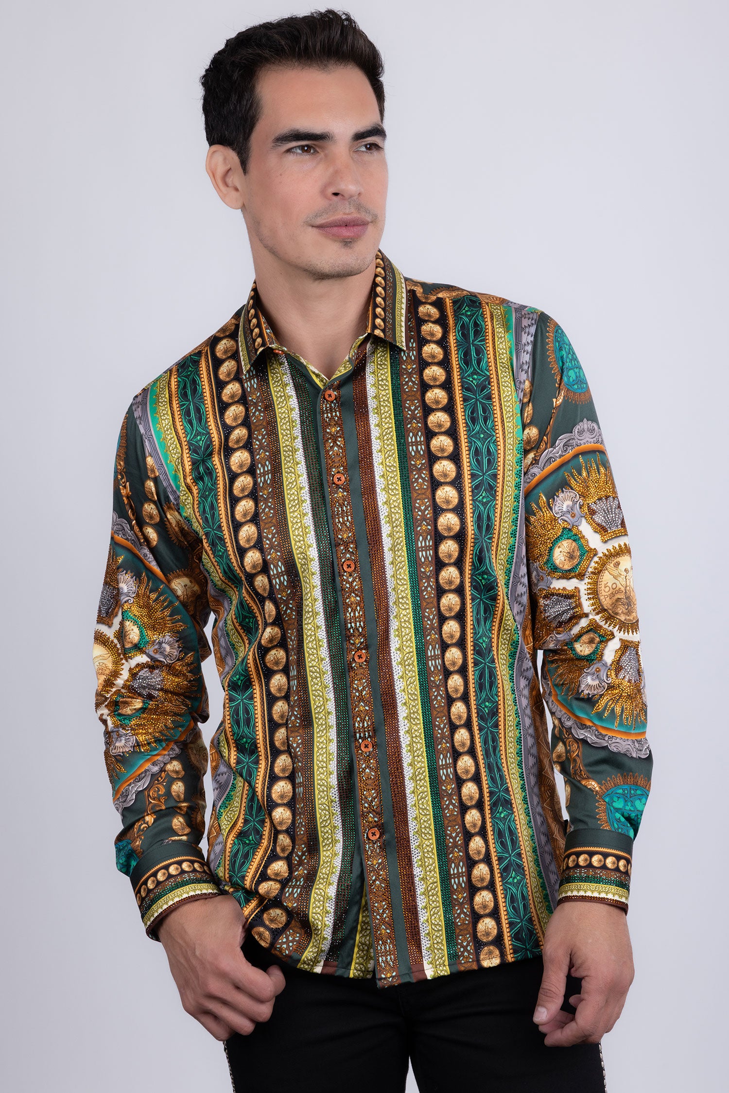 Barabas Men's Rhinestones Floral 50 Pesos Long Sleeve Shirts 5SPR09 Green