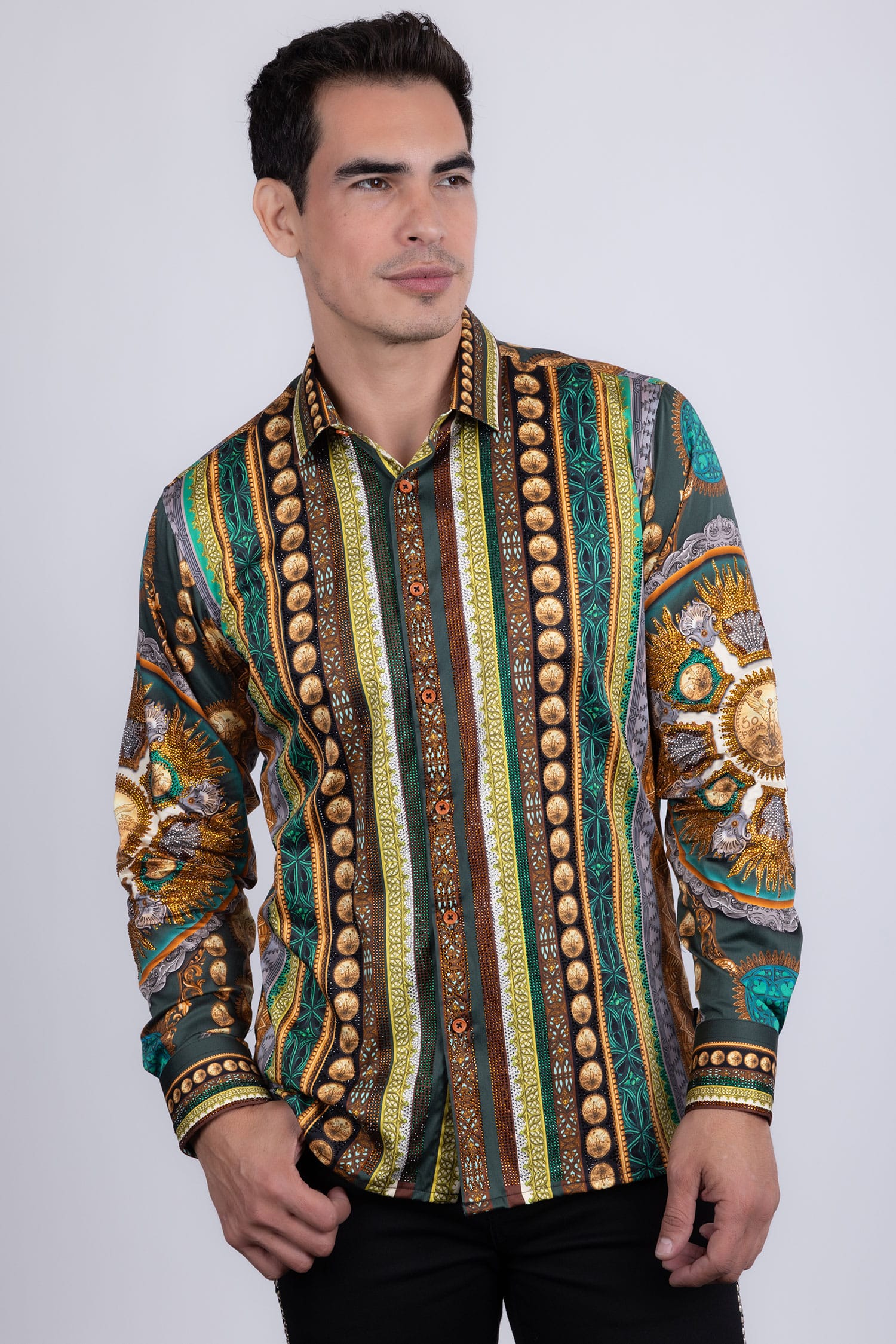 Barabas Men's Rhinestones Floral 50 Pesos Long Sleeve Shirts 5SPR09 Green