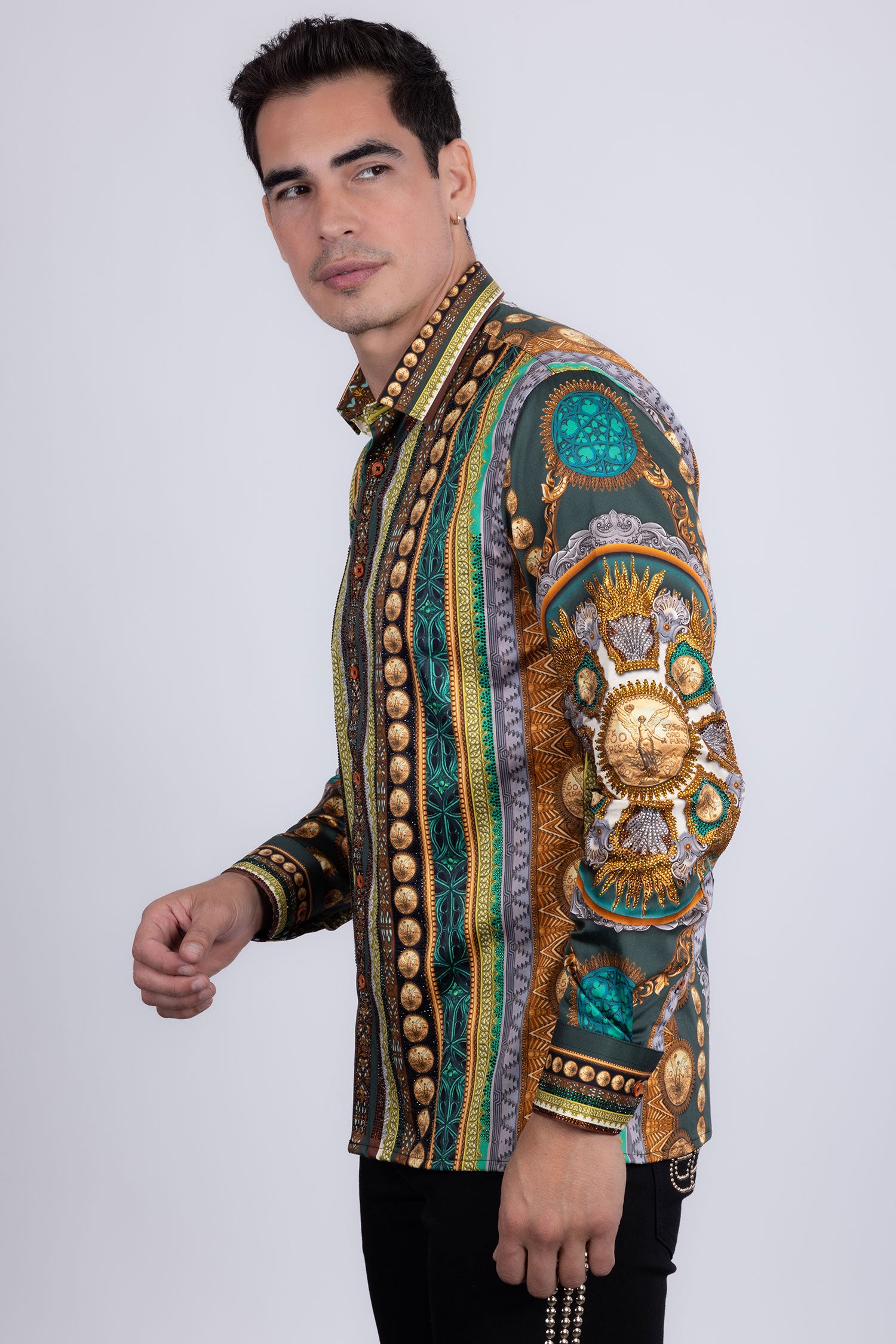 Barabas Men's Rhinestones Floral 50 Pesos Long Sleeve Shirts 5SPR09 Green