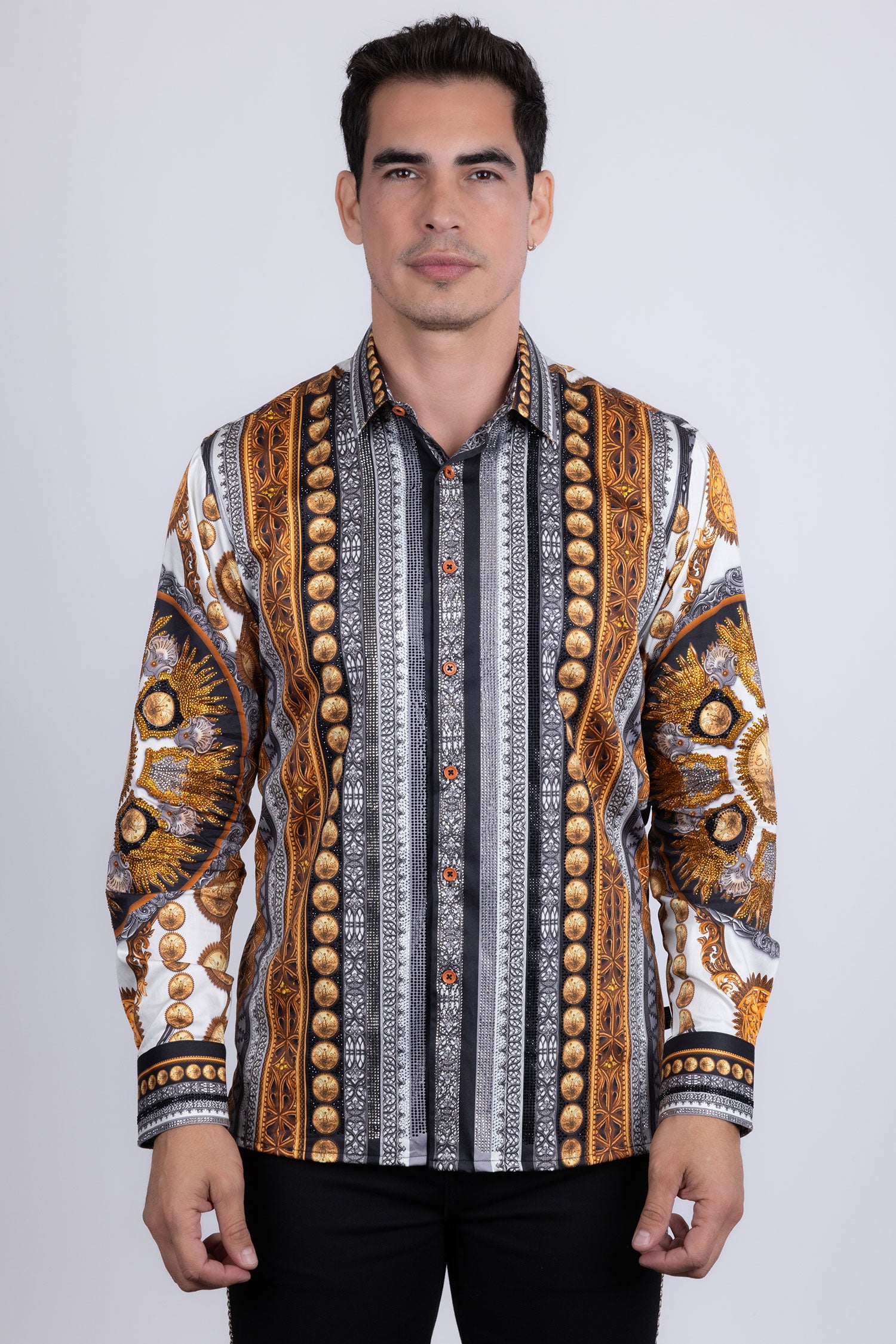 Barabas Men's Rhinestones Floral 50 Pesos Long Sleeve Shirts 5SPR09 White