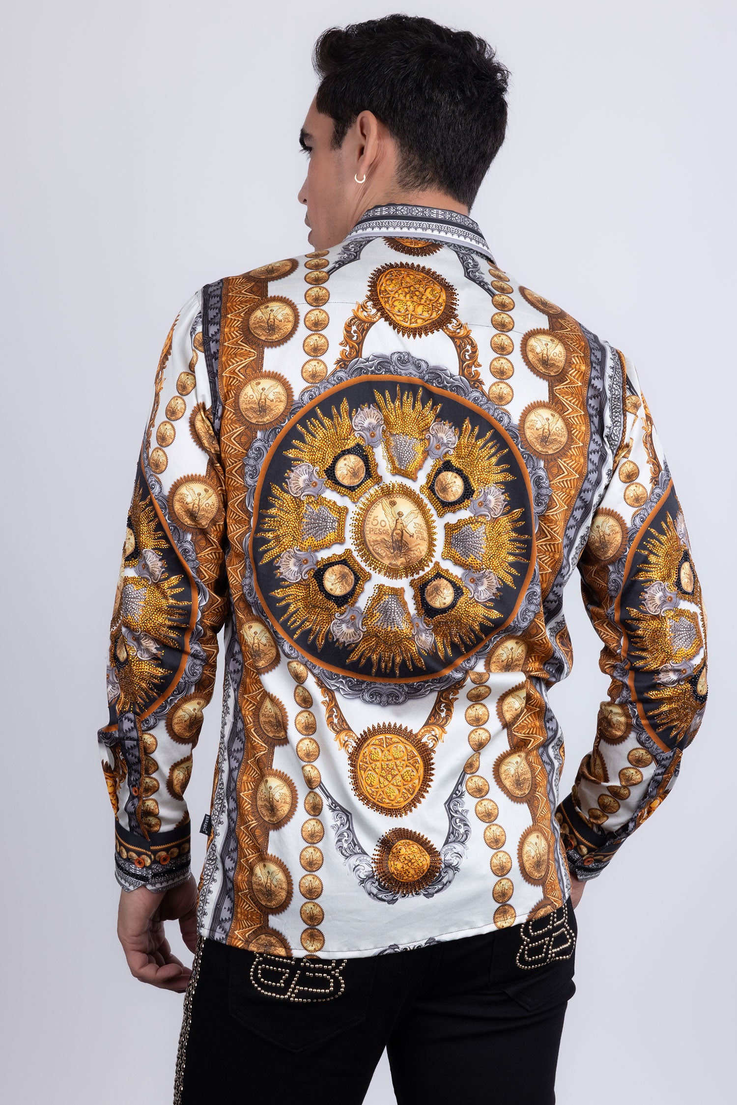 Barabas Men's Rhinestones Floral 50 Pesos Long Sleeve Shirts 5SPR09 White