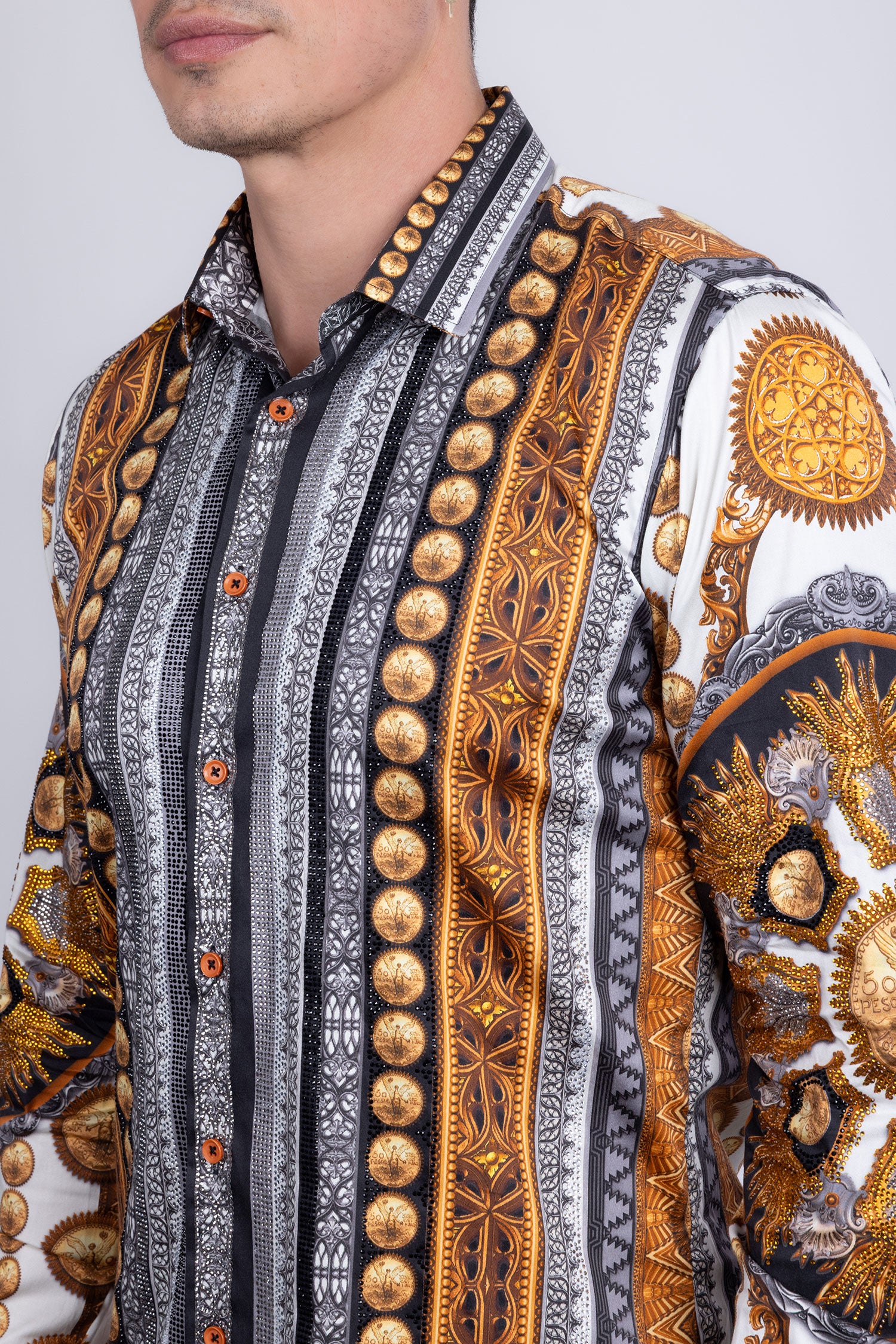 Barabas Men's Rhinestones Floral 50 Pesos Long Sleeve Shirts 5SPR09 White