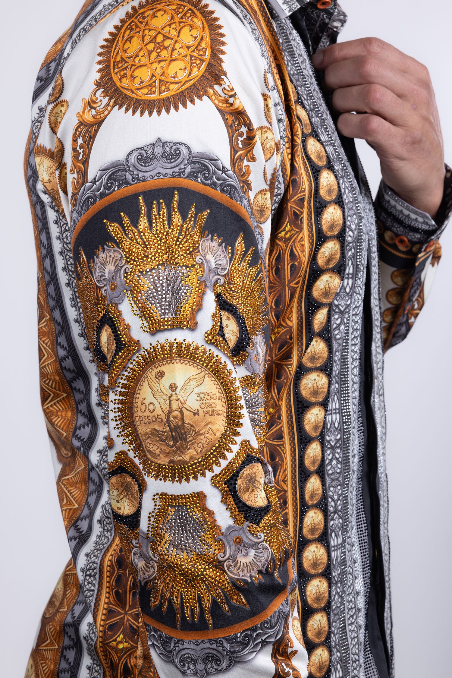 Barabas Men's Rhinestones Floral 50 Pesos Long Sleeve Shirts 5SPR09 White