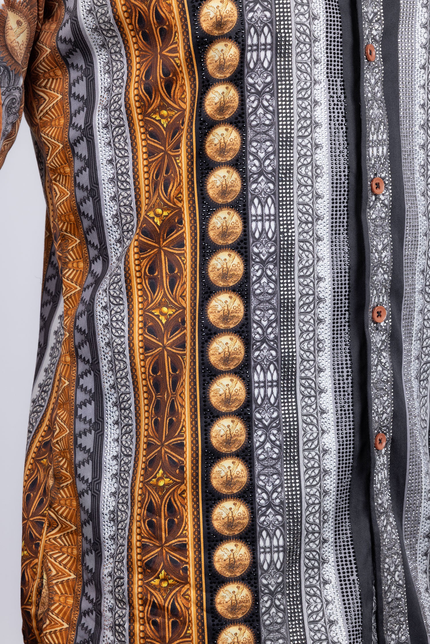 Barabas Men's Rhinestones Floral 50 Pesos Long Sleeve Shirts 5SPR09 Gold