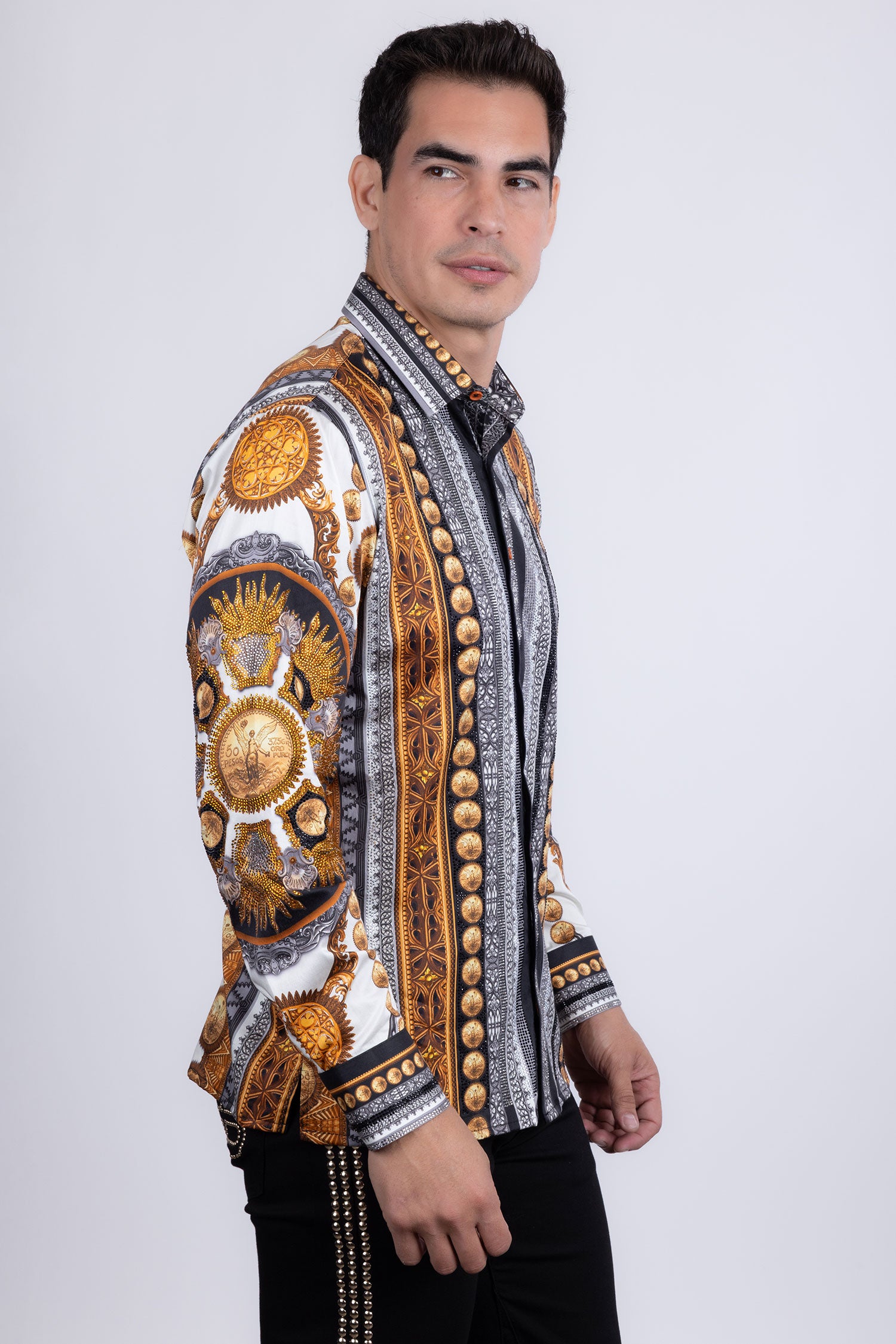 Barabas Men's Rhinestones Floral 50 Pesos Long Sleeve Shirts 5SPR09 White