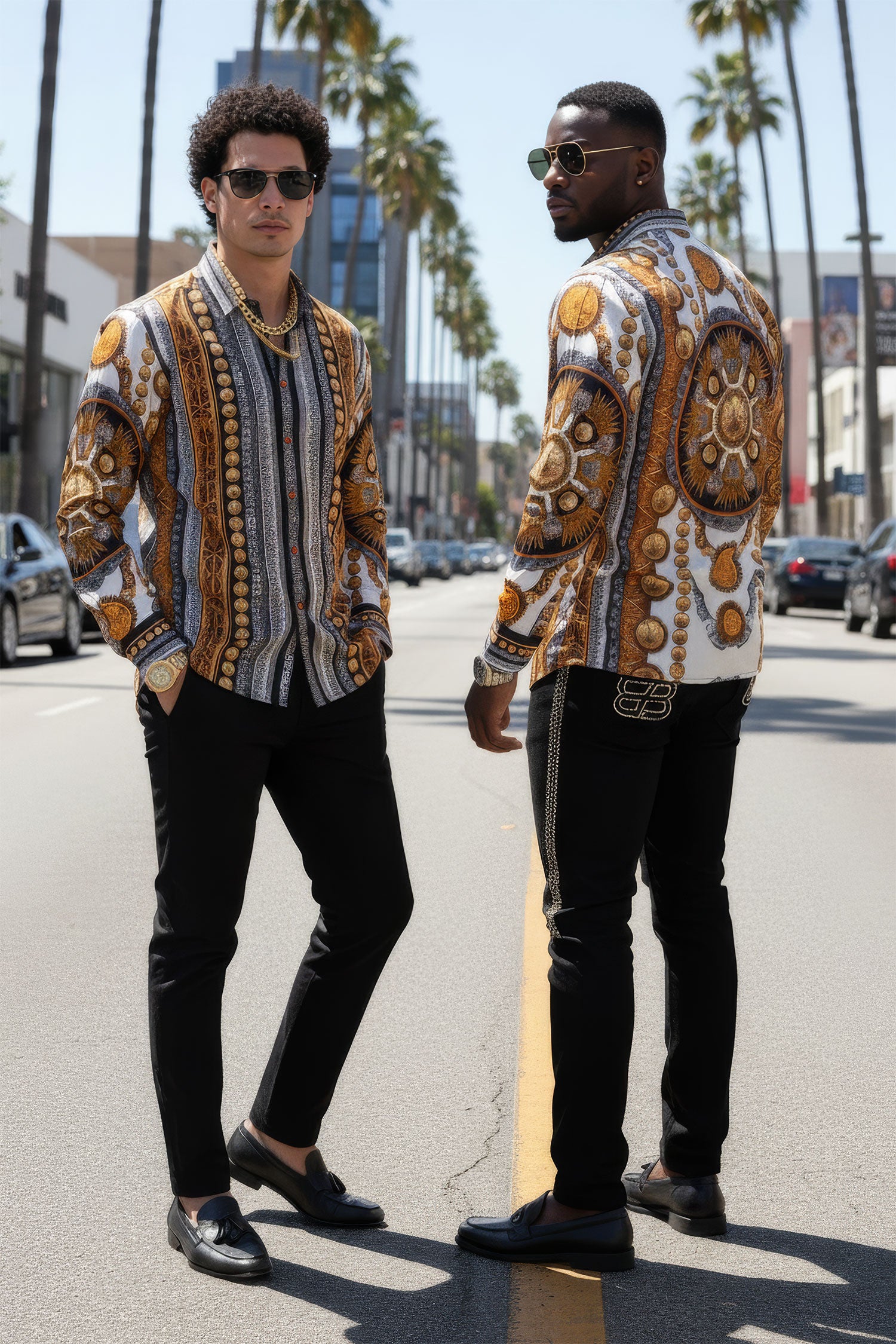 Barabas Men's Rhinestones Floral 50 Pesos Long Sleeve Shirts 5SPR09 White