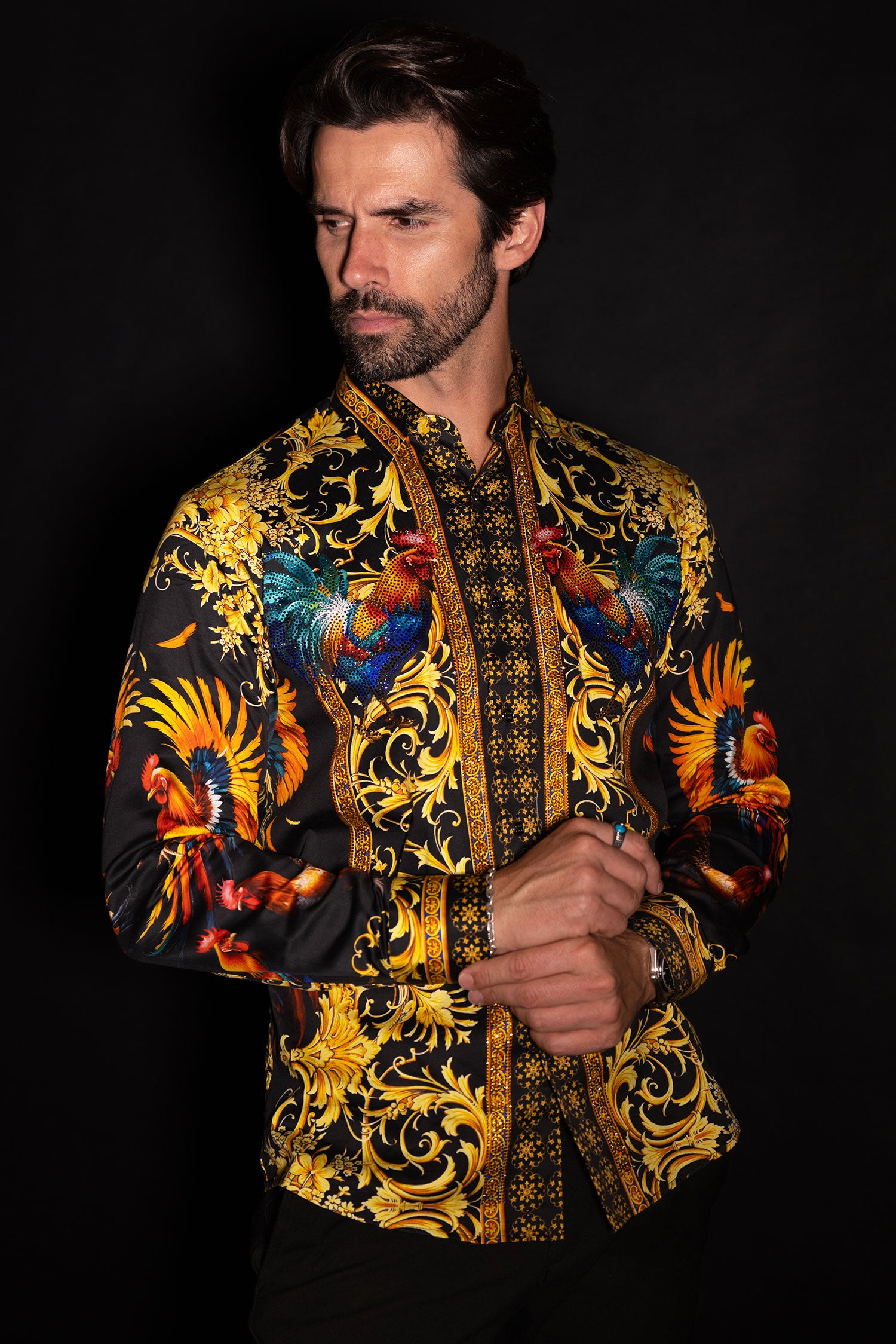 Barabas Men's Rhinestones Animal Print Long Sleeve Shirts 5SPR10 Gold Black