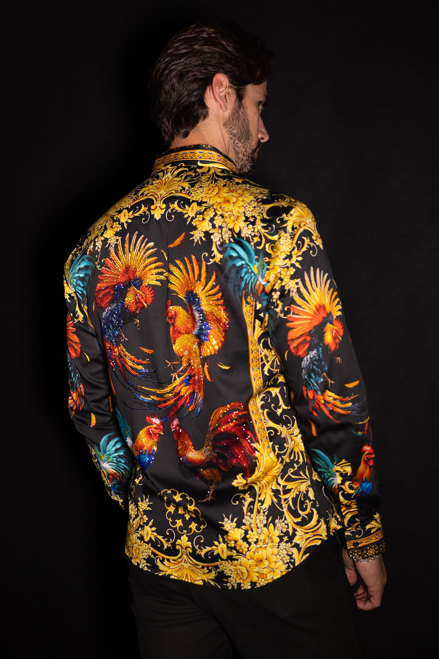 Barabas Men's Rhinestones Animal Print Long Sleeve Shirts 5SPR10 Gold Black