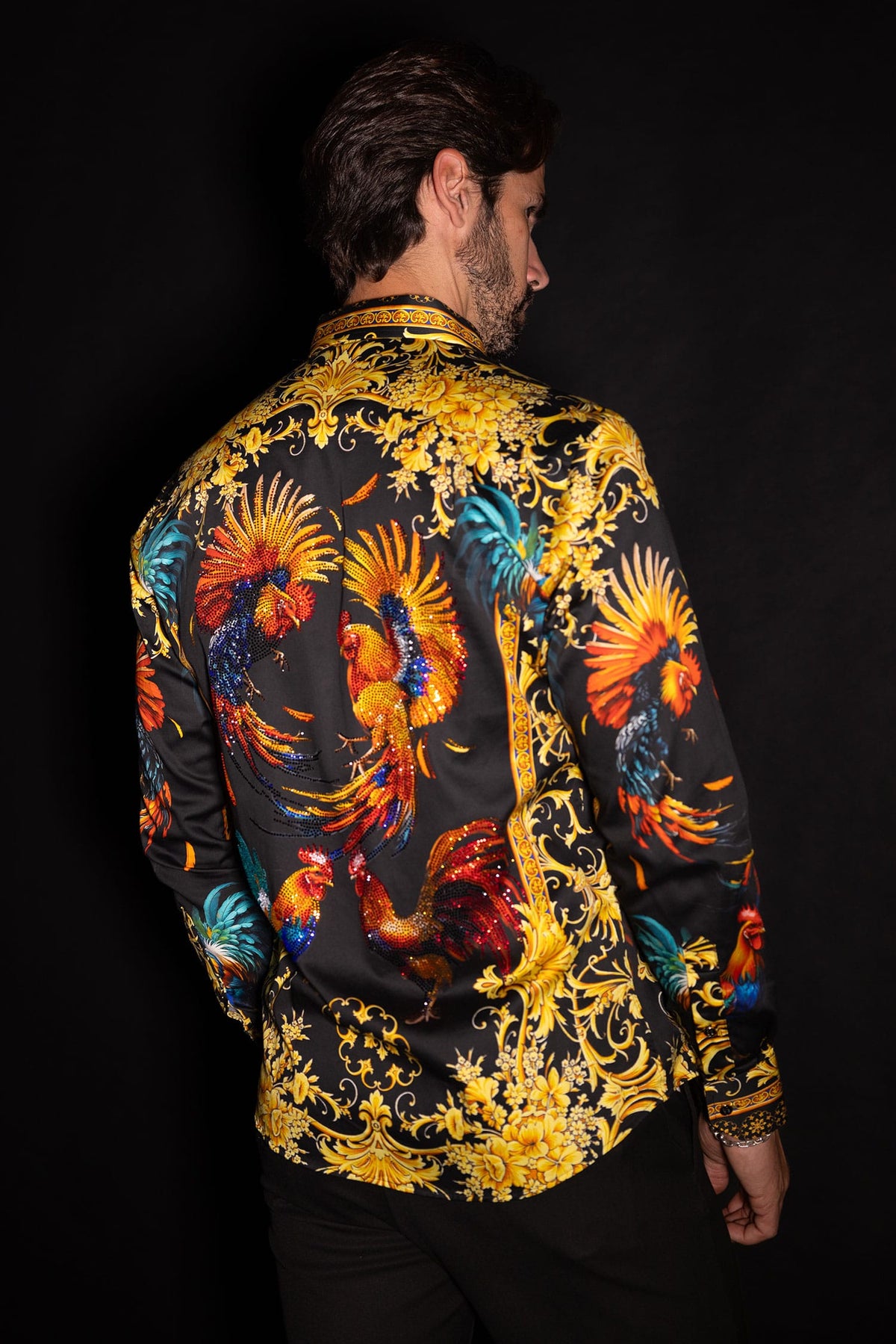 Barabas Men's Rhinestones Animal Print Long Sleeve Shirts 5SPR10 Gold Black