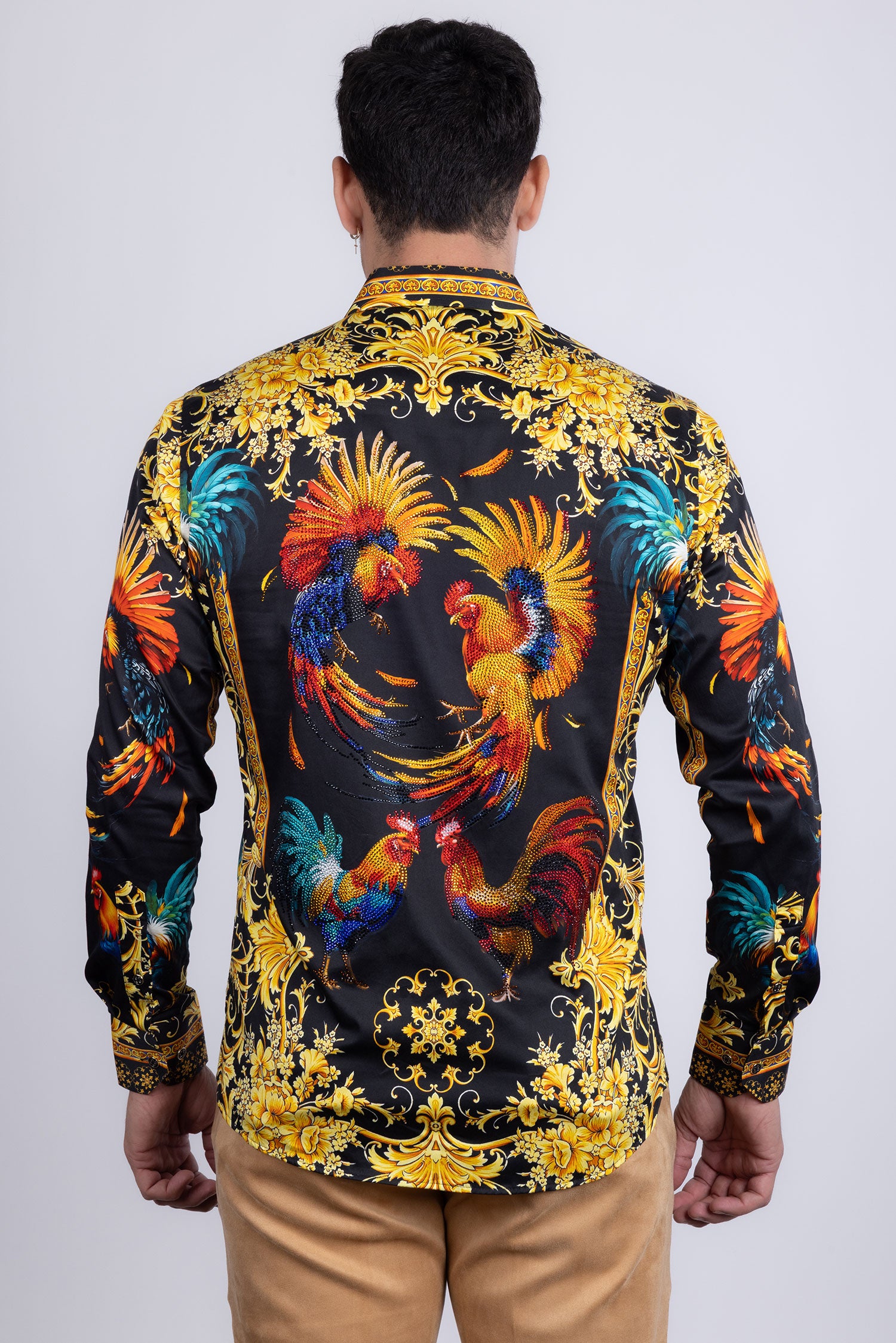 Barabas Men's Rhinestones Animal Print Long Sleeve Shirts 5SPR10 Gold