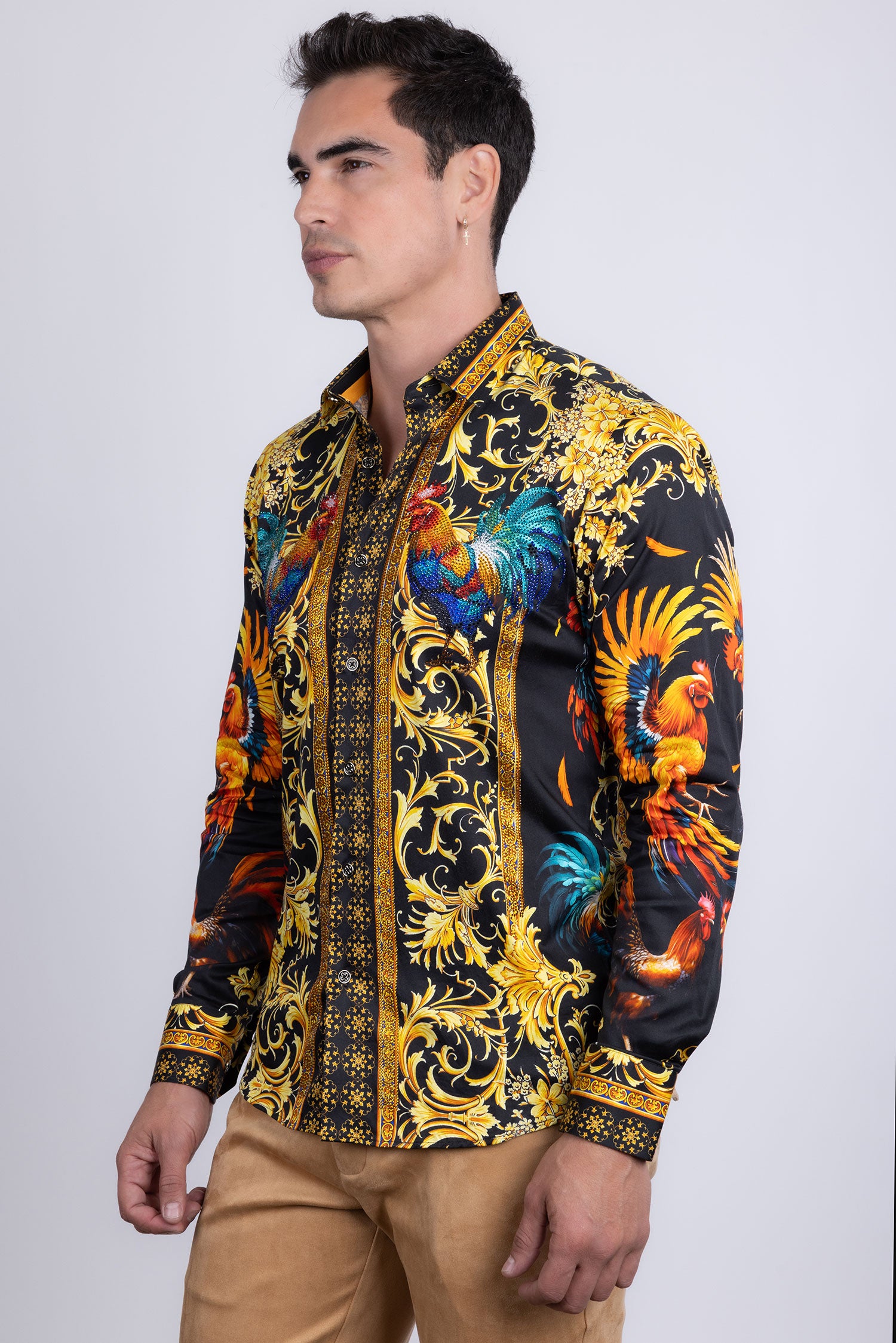 Barabas Men's Rhinestones Animal Print Long Sleeve Shirts 5SPR10 Black