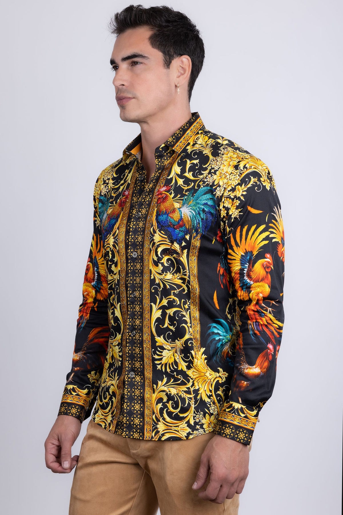Barabas Men's Rhinestones Animal Print Long Sleeve Shirts 5SPR10 Black