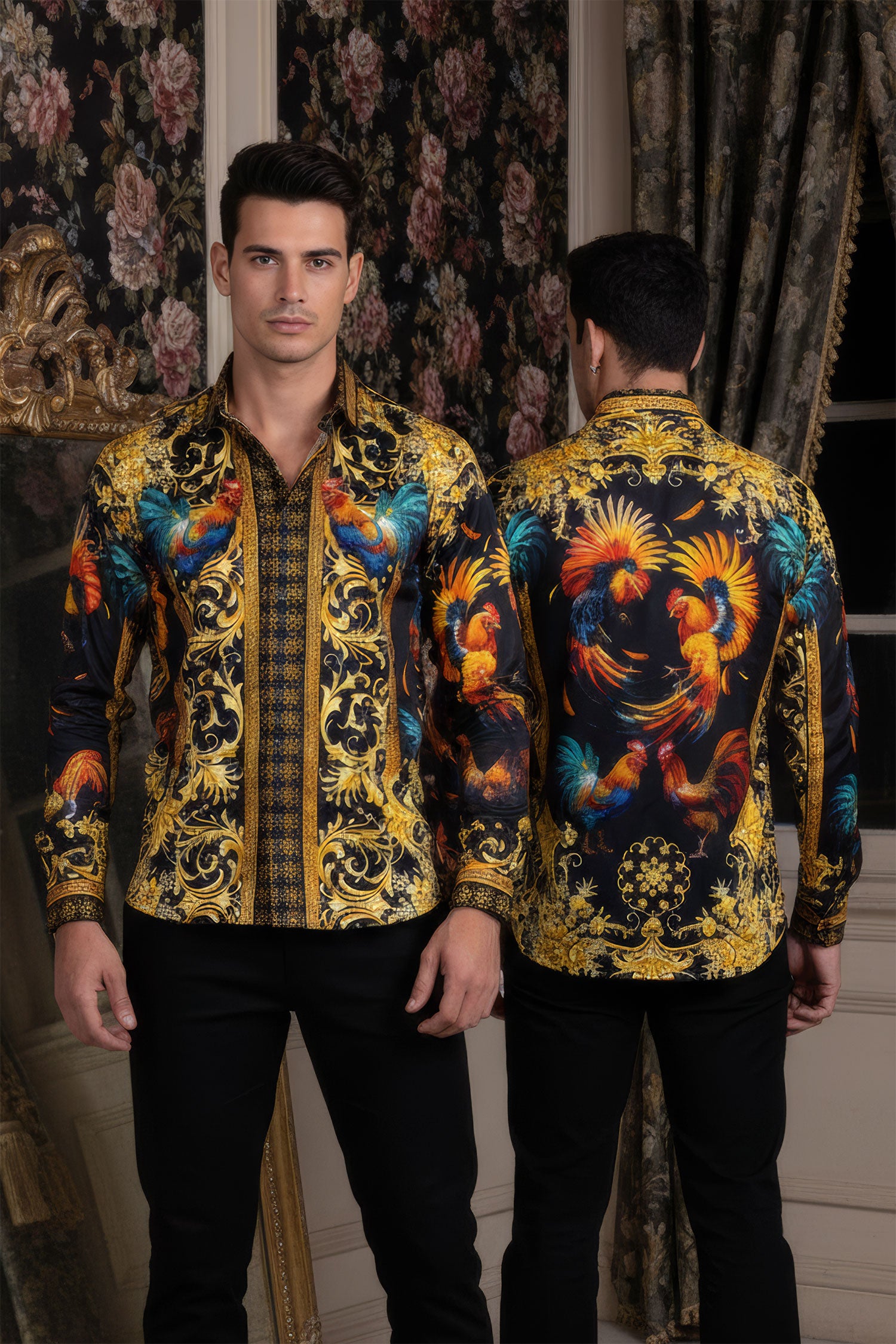 Barabas Men's Rhinestones Animal Print Long Sleeve Shirts 5SPR10 Gold Black