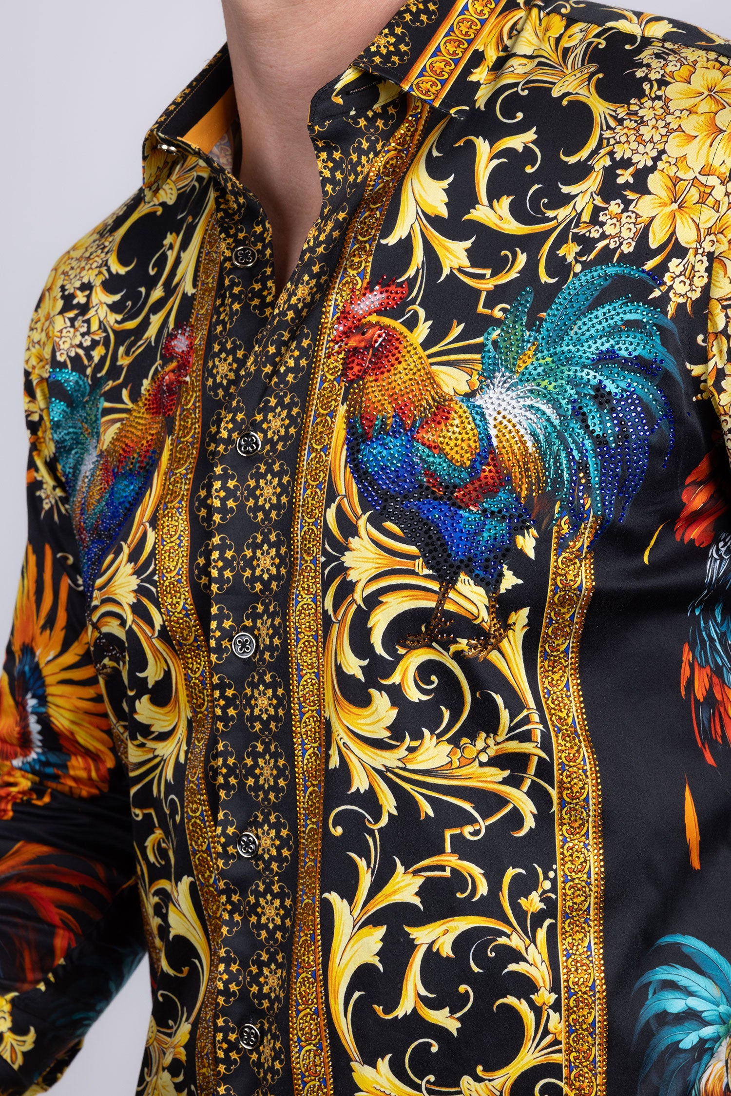 Barabas Men's Rhinestones Animal Print Long Sleeve Shirts 5SPR10 Black