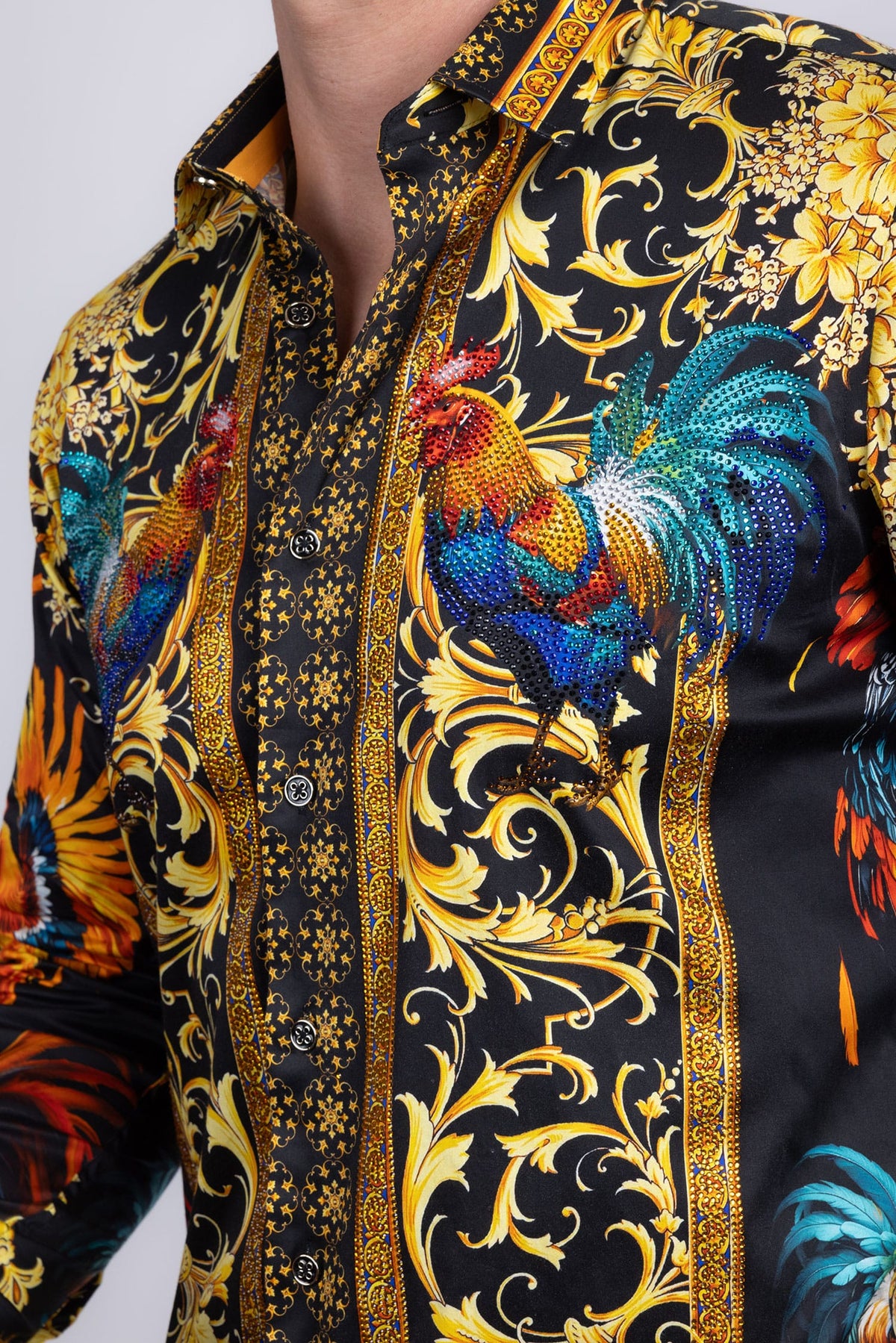 Barabas Men's Rhinestones Animal Print Long Sleeve Shirts 5SPR10 Black