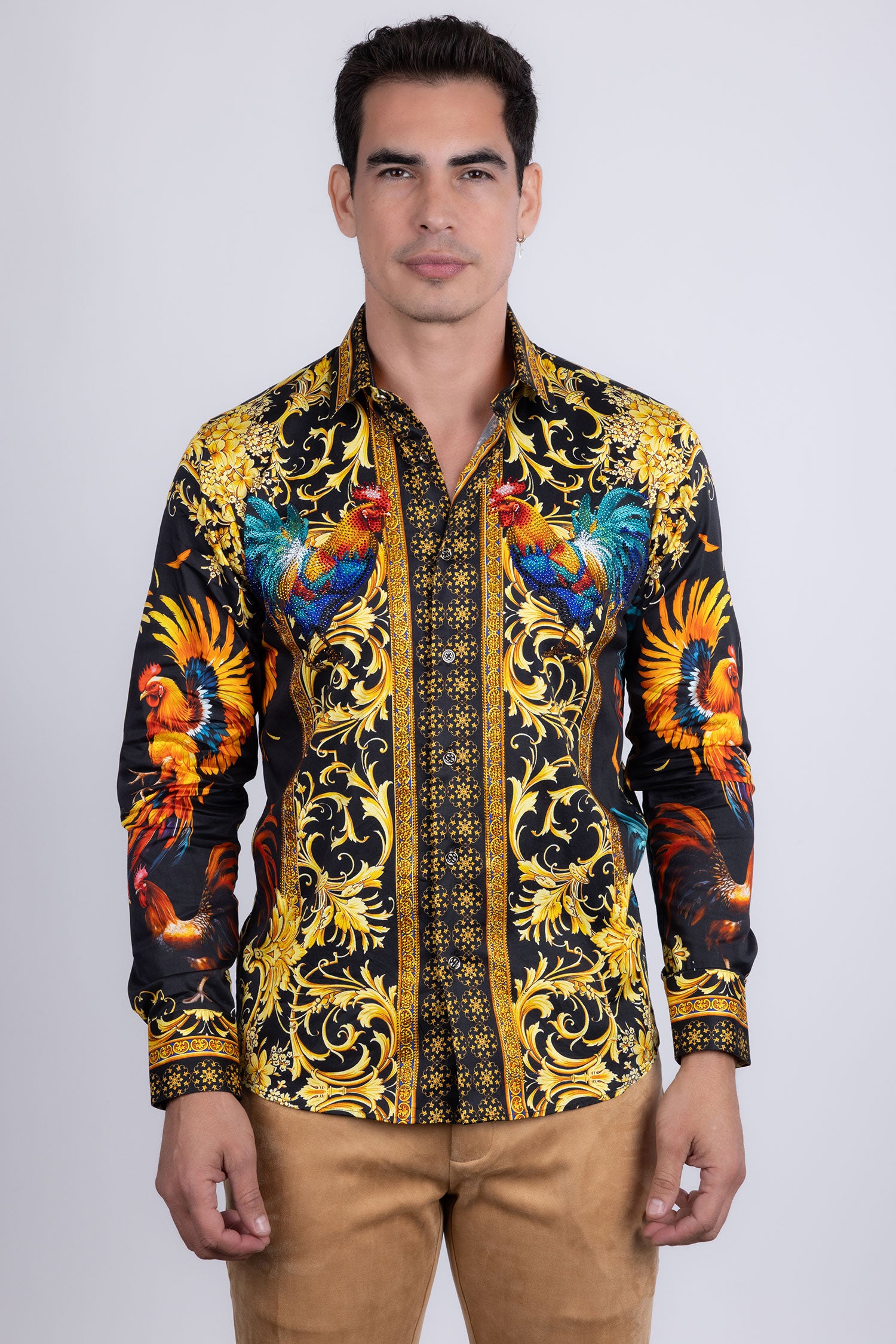 Barabas Men's Rhinestones Animal Print Long Sleeve Shirts 5SPR10 Black