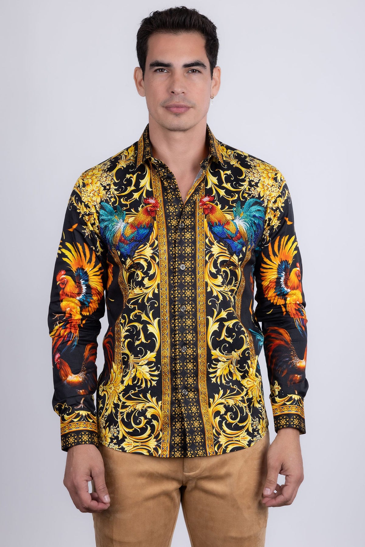 Barabas Men's Rhinestones Animal Print Long Sleeve Shirts 5SPR10 Black