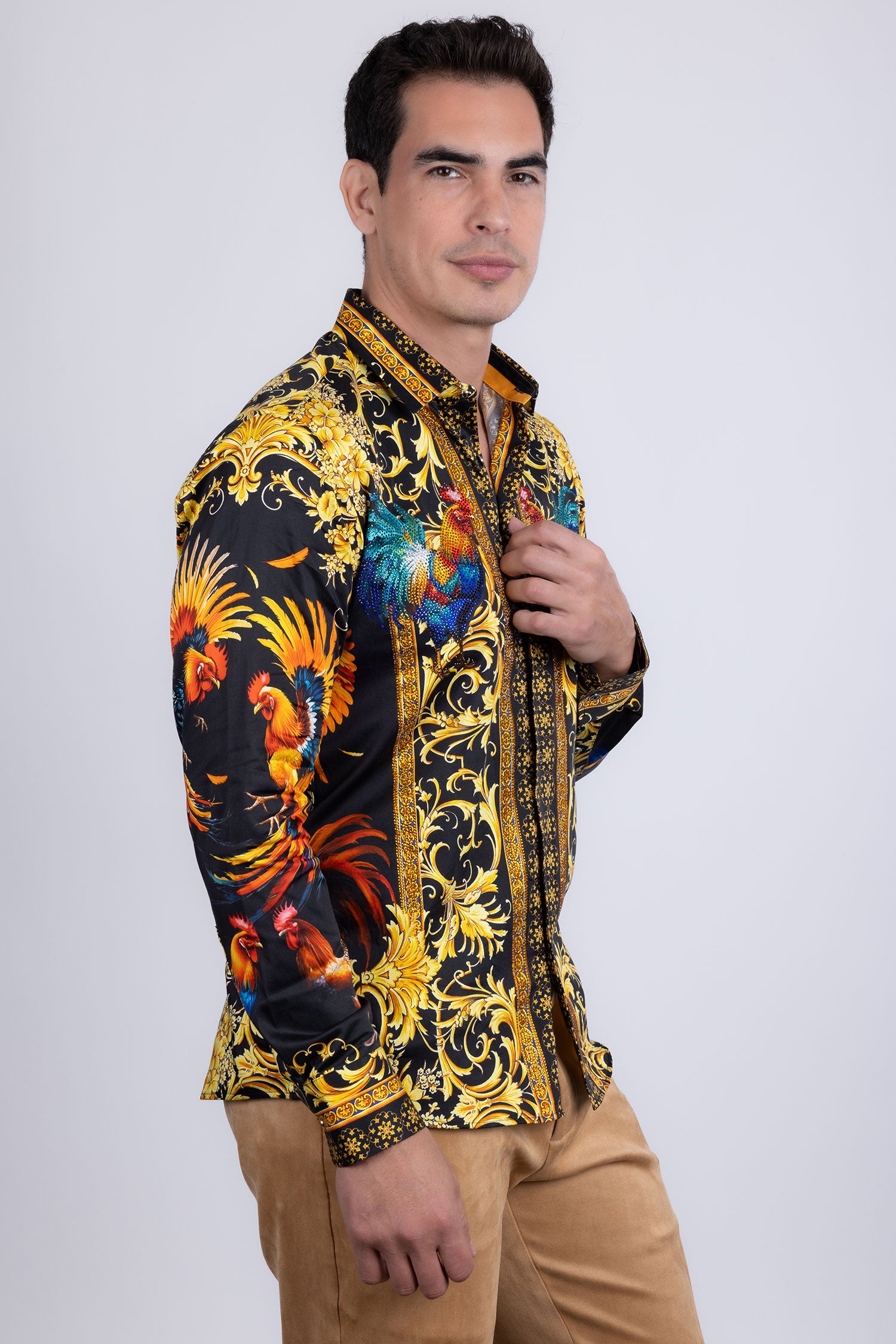 Barabas Men's Rhinestones Animal Print Long Sleeve Shirts 5SPR10 Black