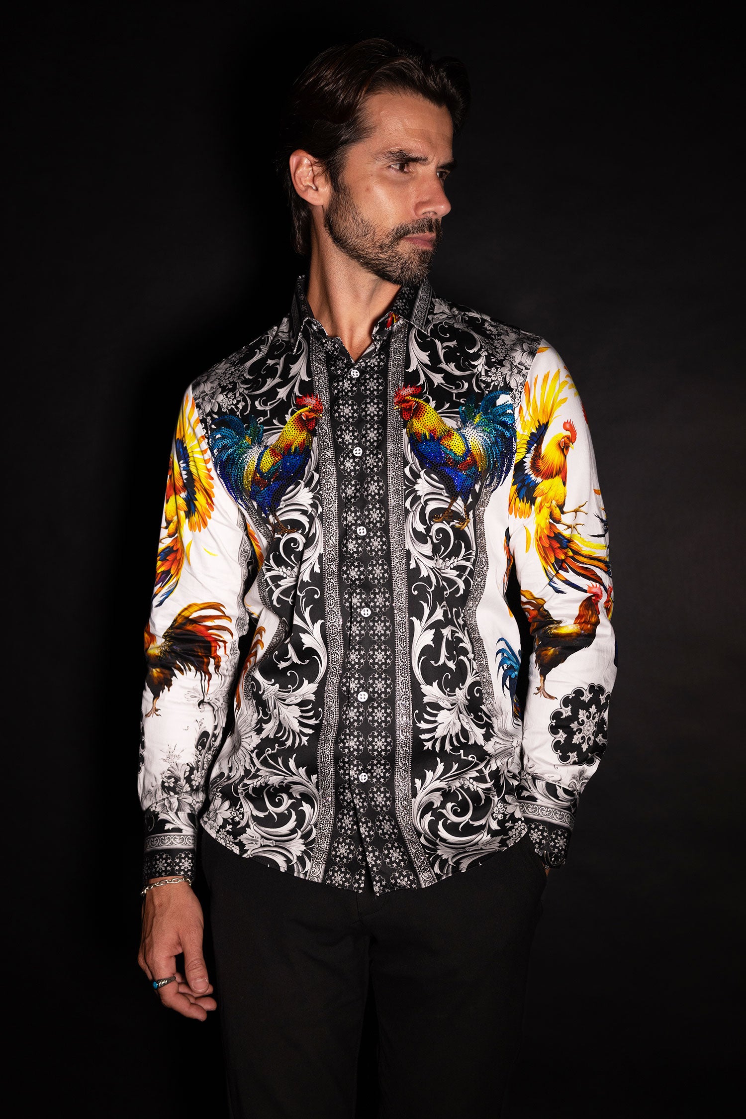 Barabas Men's Rhinestones Animal Print Long Sleeve Shirts 5SPR10 Gold White