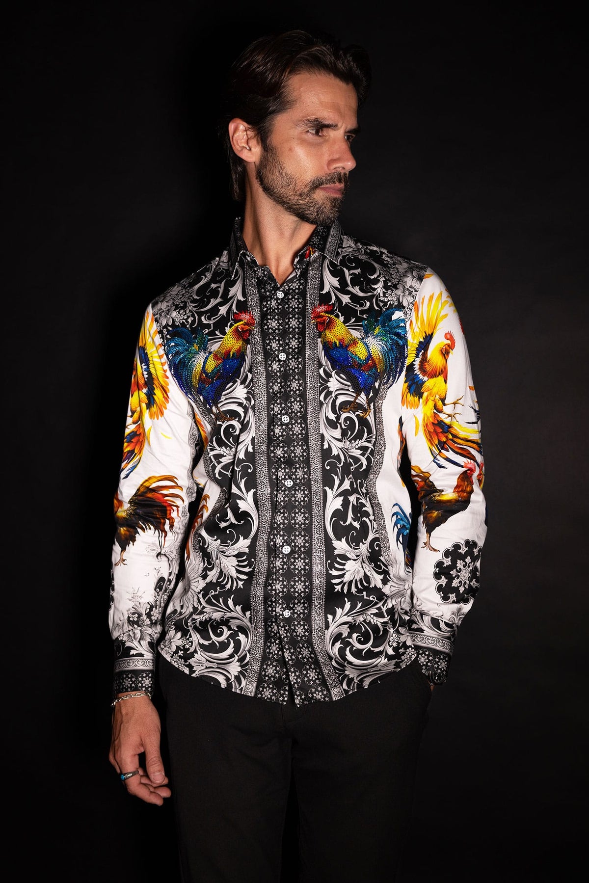 Barabas Men's Rhinestones Animal Print Long Sleeve Shirts 5SPR10 Gold White