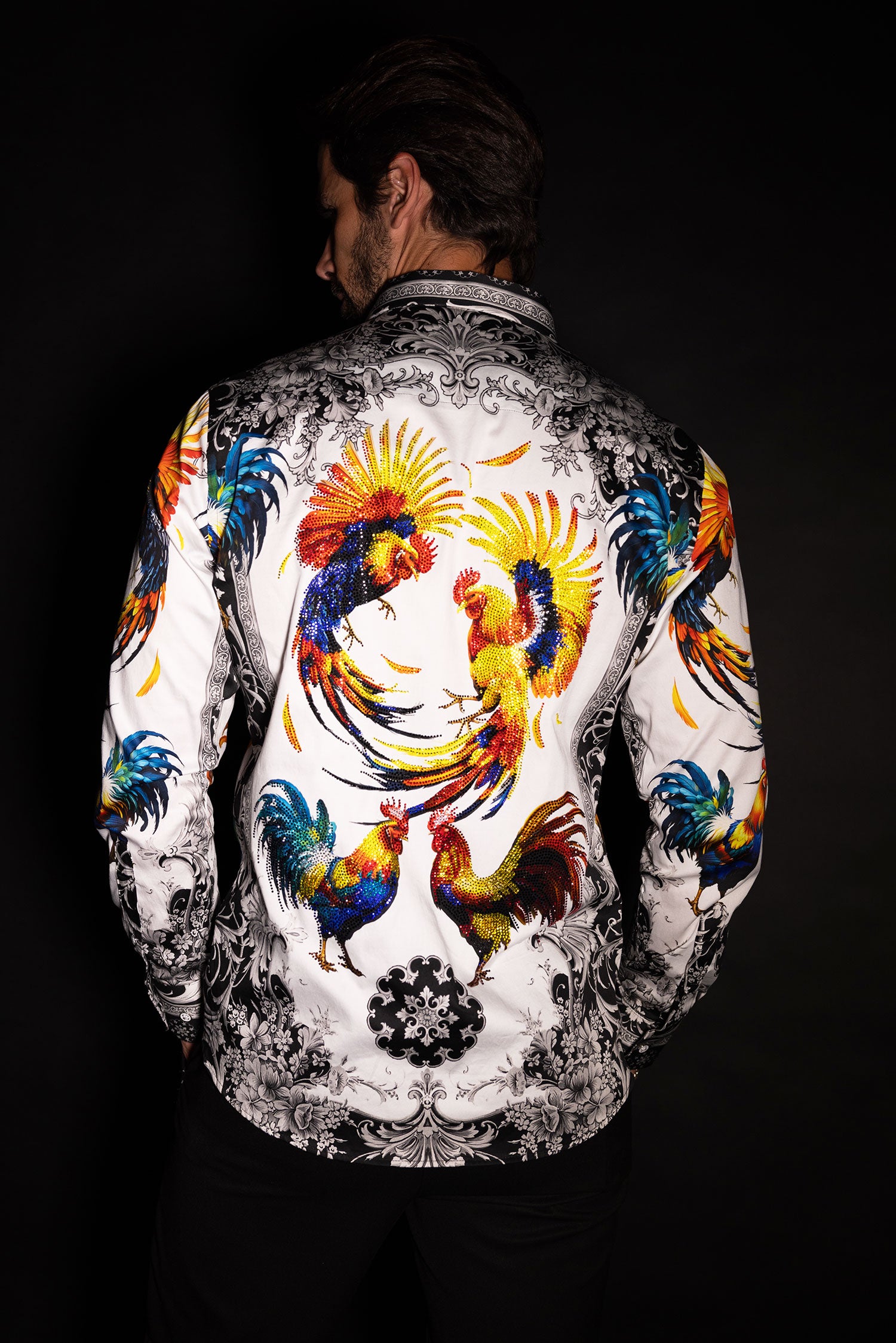 Barabas Men's Rhinestones Animal Print Long Sleeve Shirts 5SPR10 Gold White