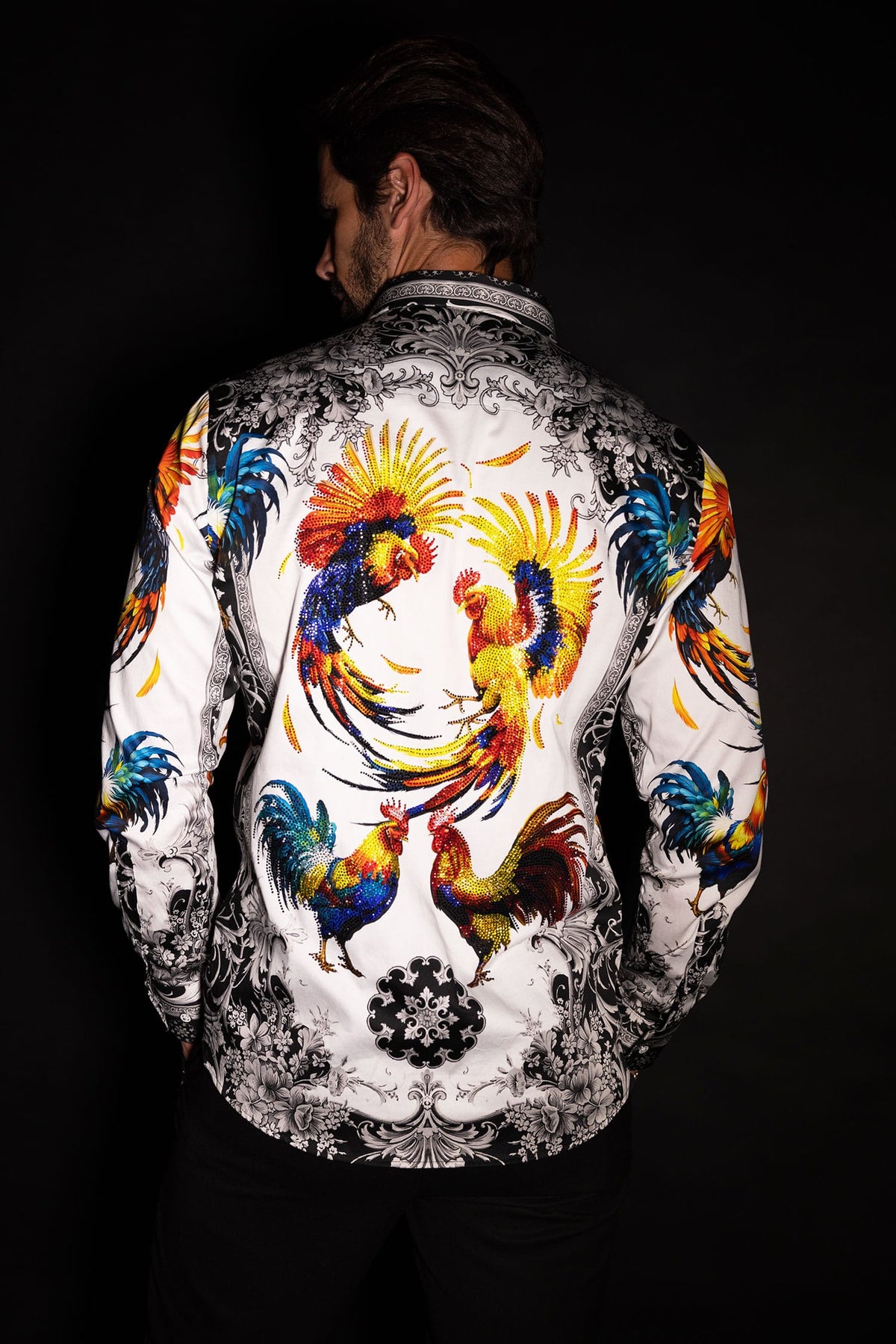 Barabas Men's Rhinestones Animal Print Long Sleeve Shirts 5SPR10 Gold White