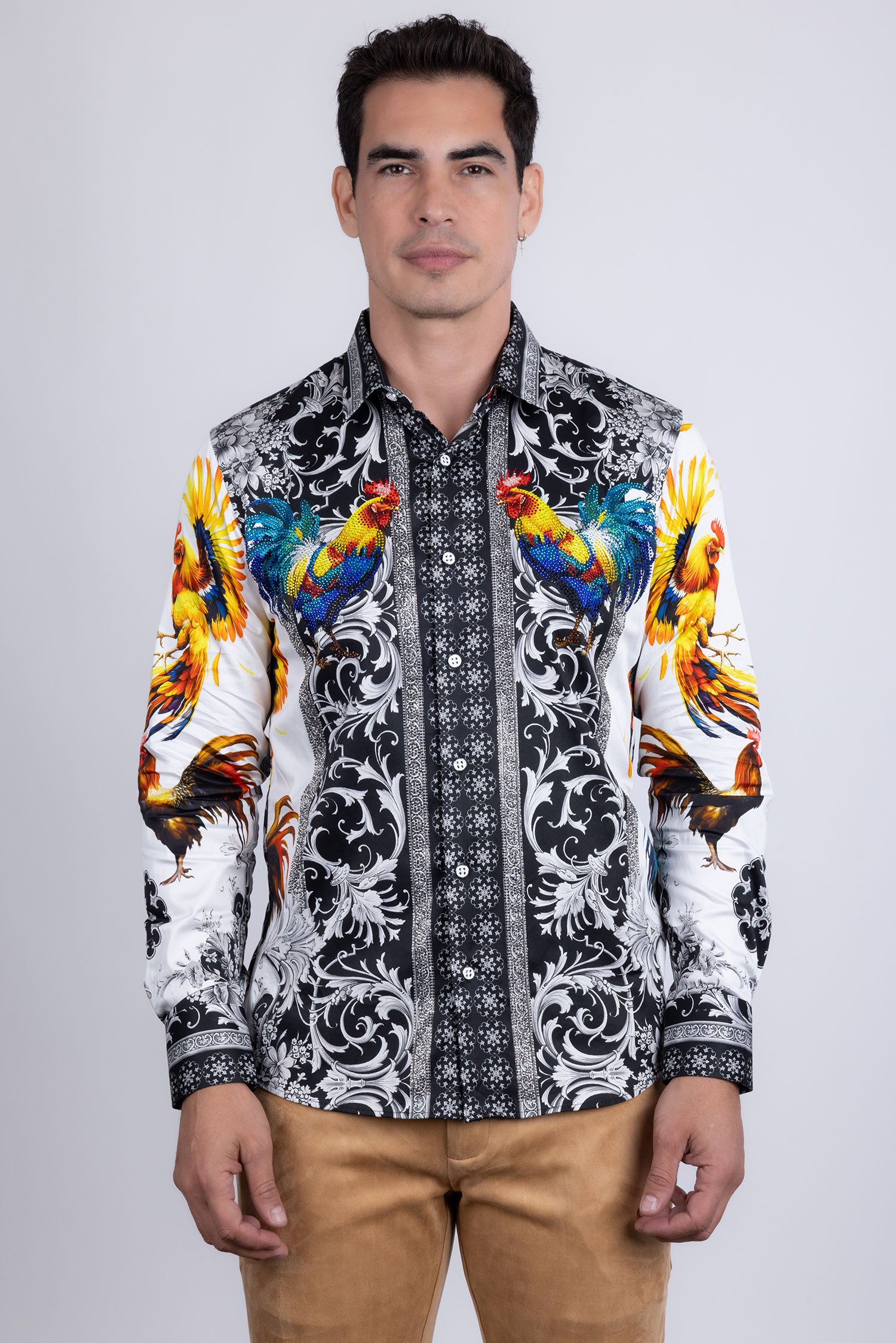 Barabas Men's Rhinestones Animal Print Long Sleeve Shirts 5SPR10 White