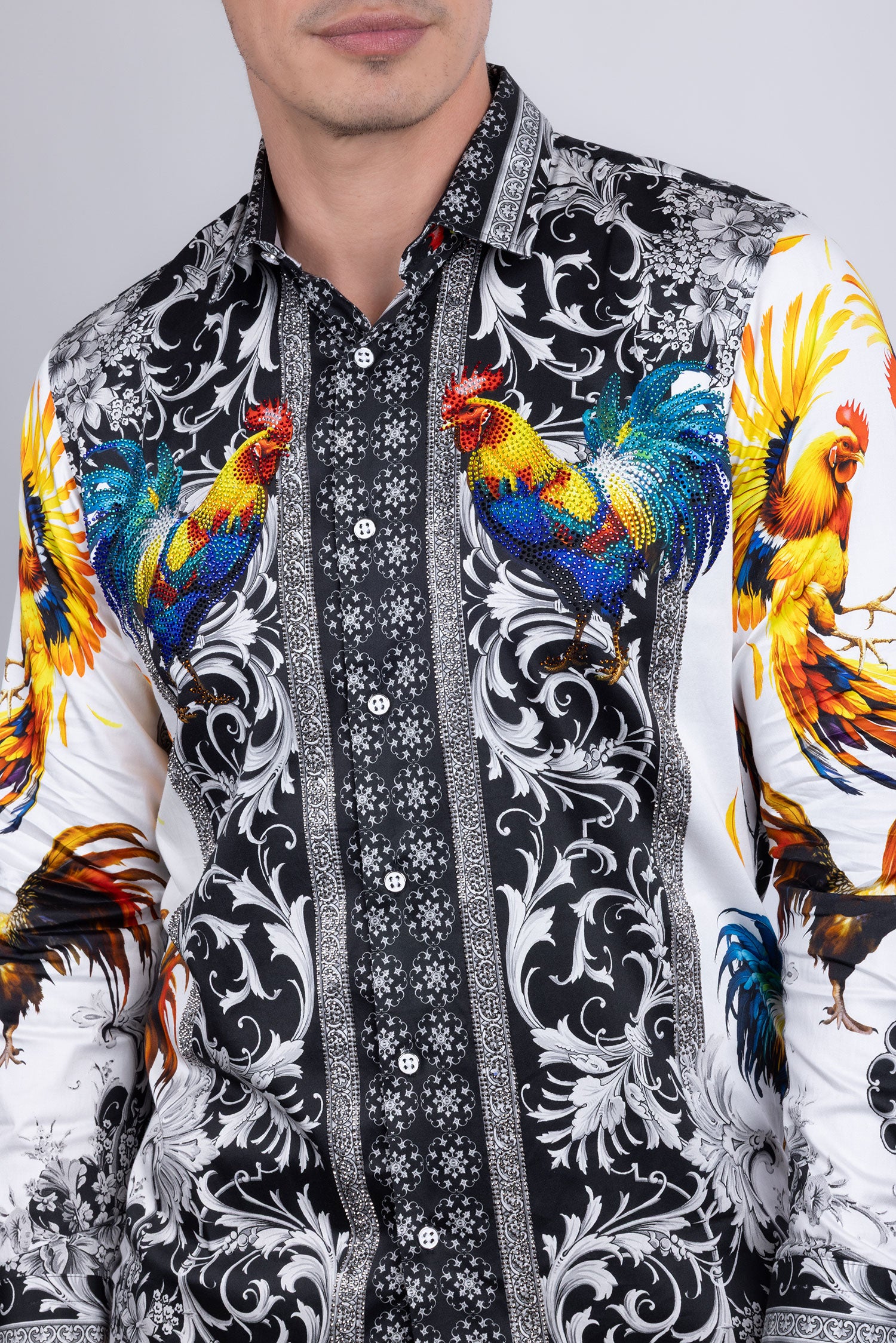 Barabas Men's Rhinestones Animal Print Long Sleeve Shirts 5SPR10 White