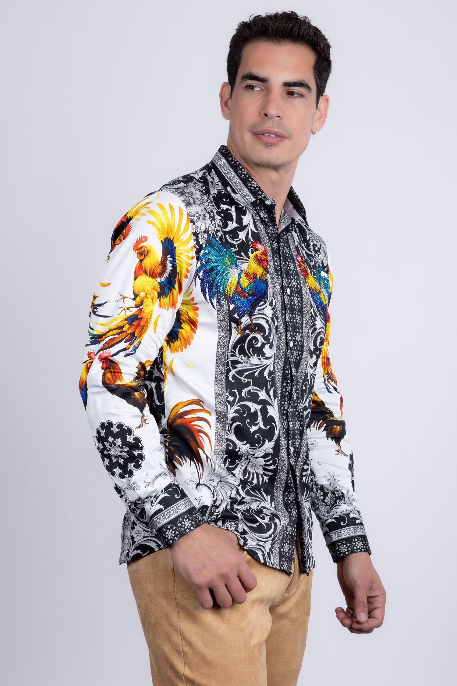 Barabas Men's Rhinestones Animal Print Long Sleeve Shirts 5SPR10 Yellow