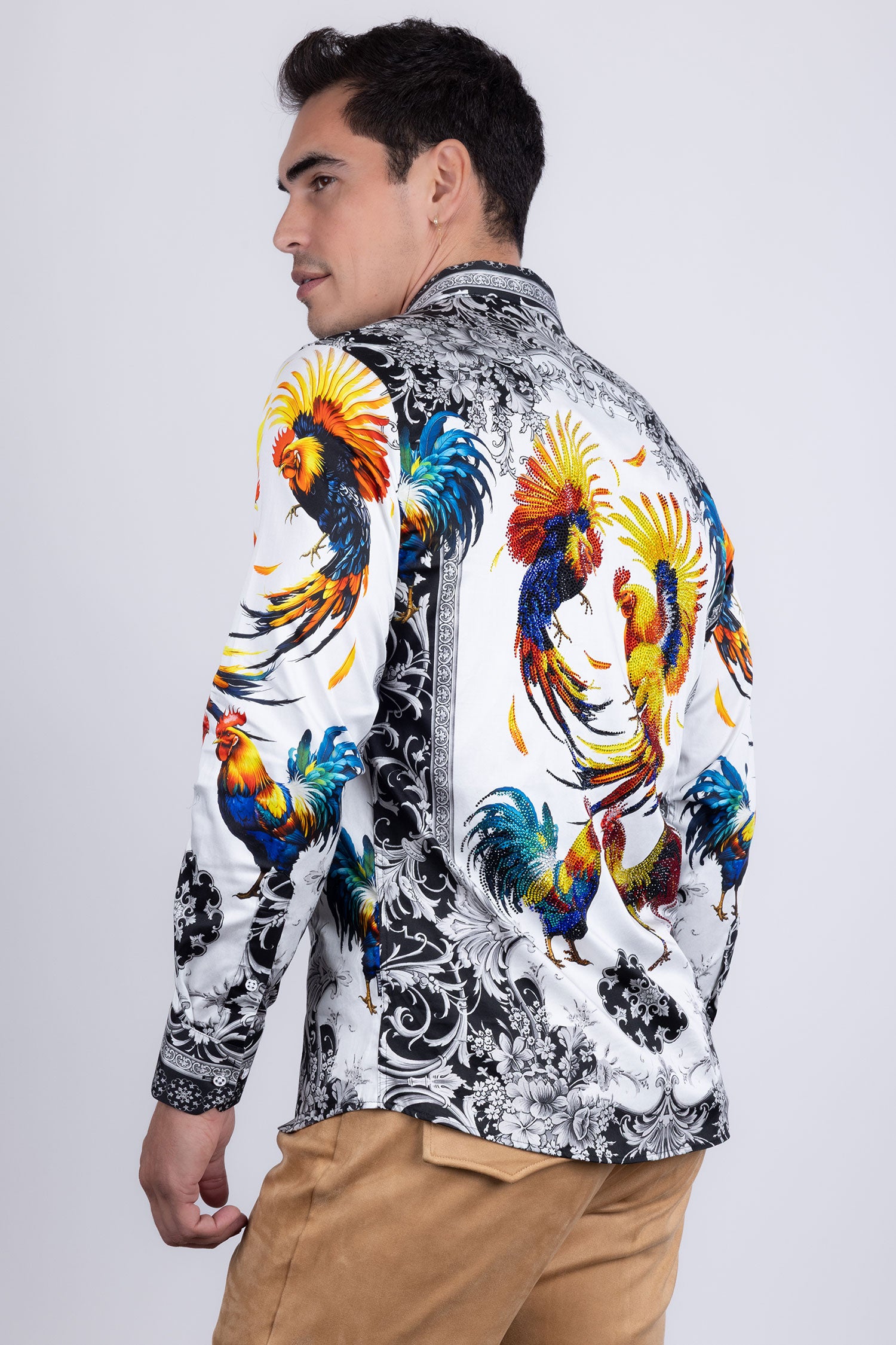 Barabas Men's Rhinestones Animal Print Long Sleeve Shirts 5SPR10 White