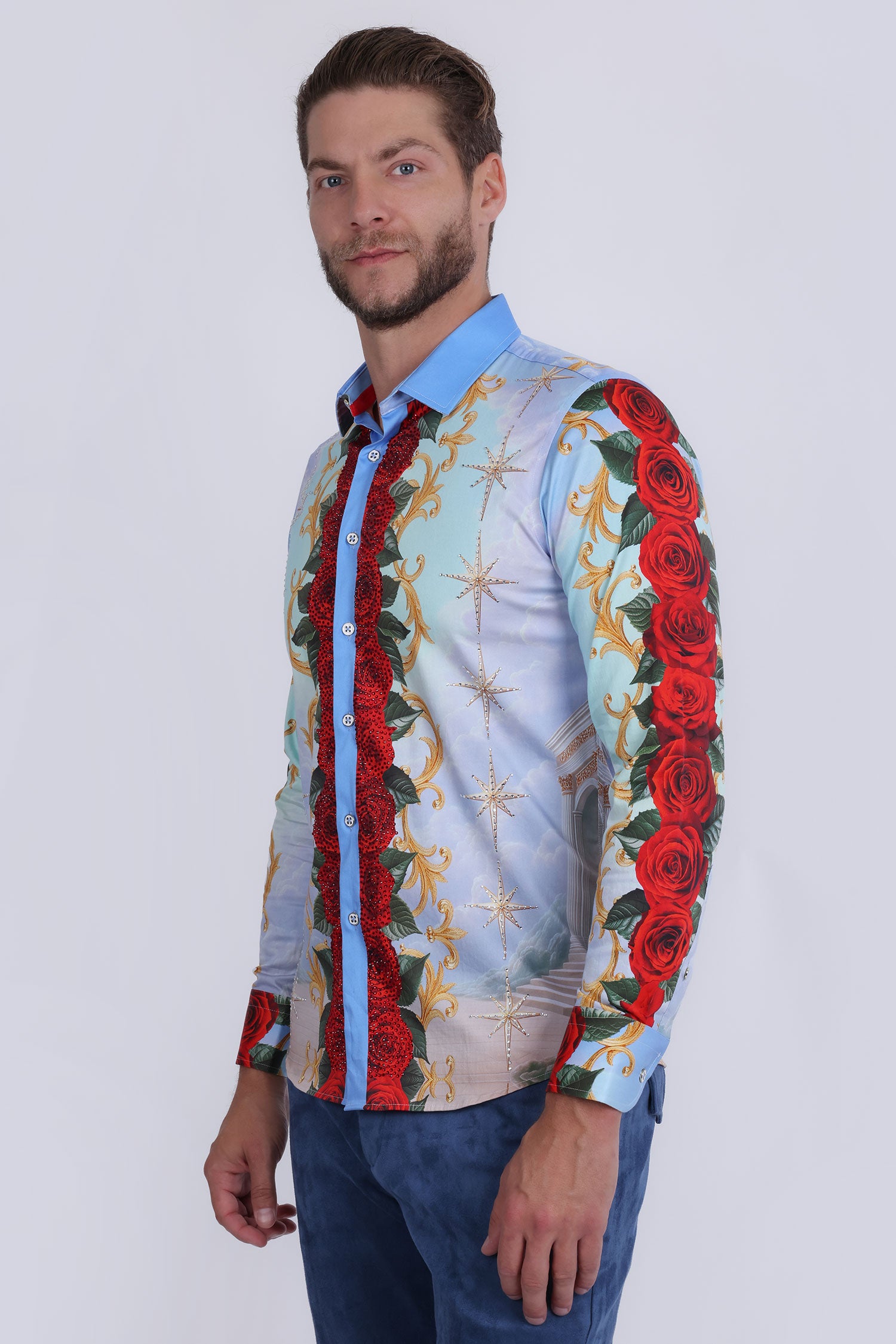 Barabas Men's San Judas Tadeo Rhinestones Floral Baroque Shirt 5SPR11 Multi