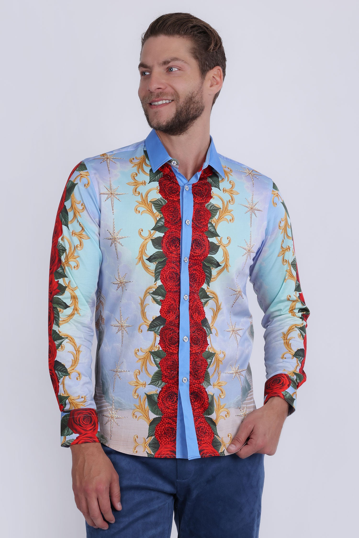 Barabas Men's San Judas Tadeo Rhinestones Floral Baroque Shirt 5SPR11 Multi