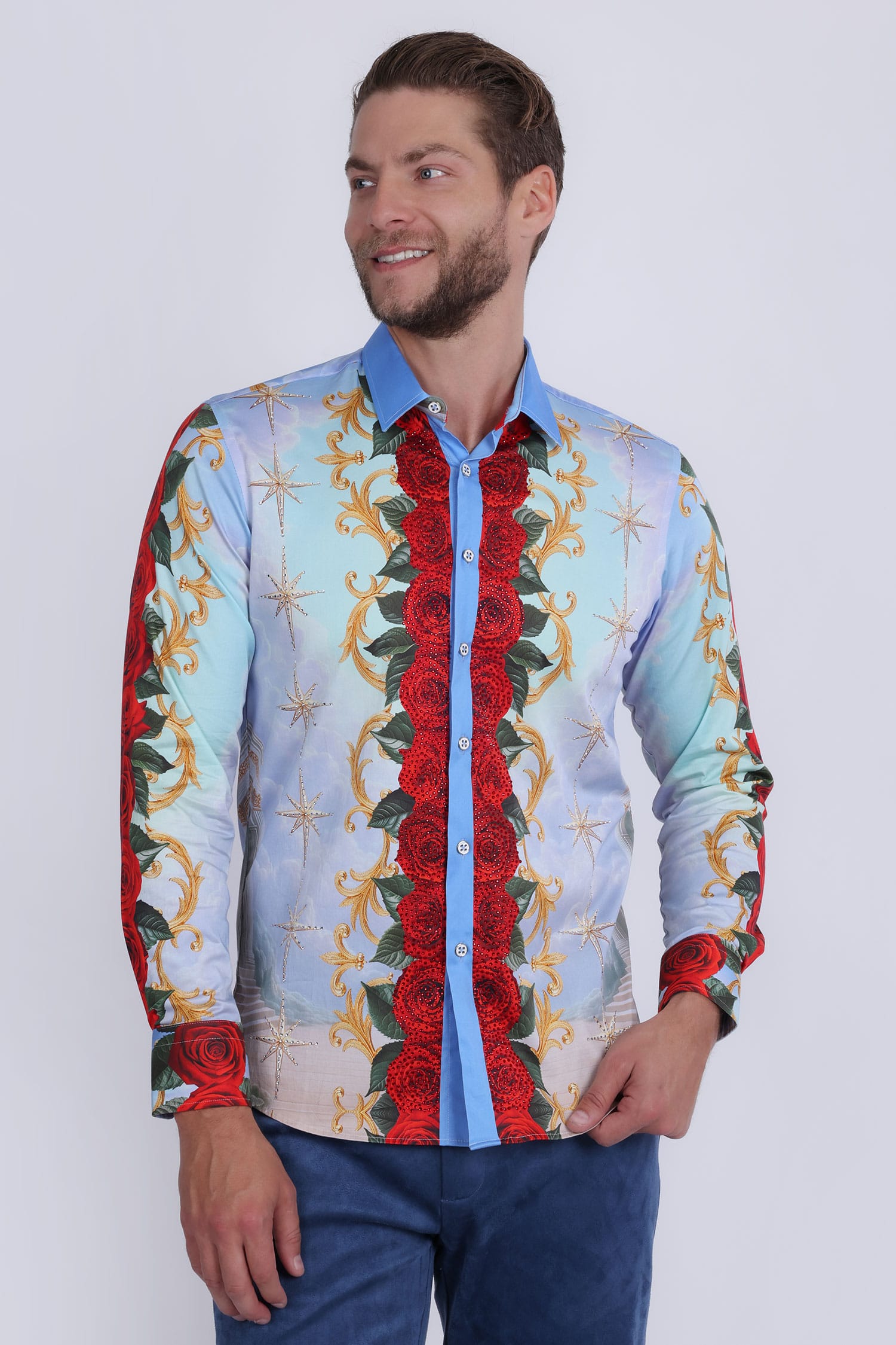 Barabas Men's San Judas Tadeo Rhinestones Floral Baroque Shirt 5SPR11 Multi