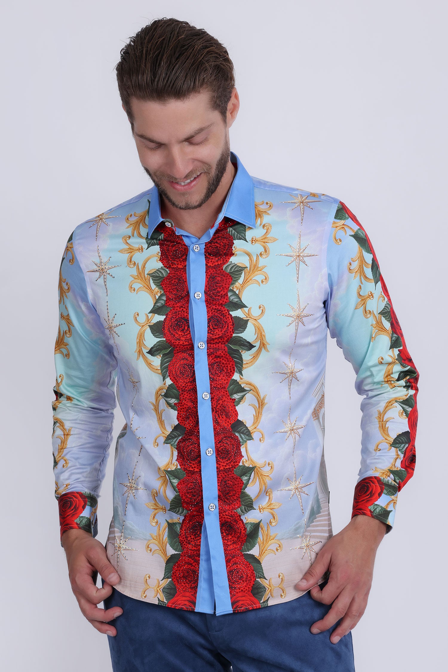 Barabas Men's San Judas Tadeo Rhinestones Floral Baroque Shirt 5SPR11 Multi