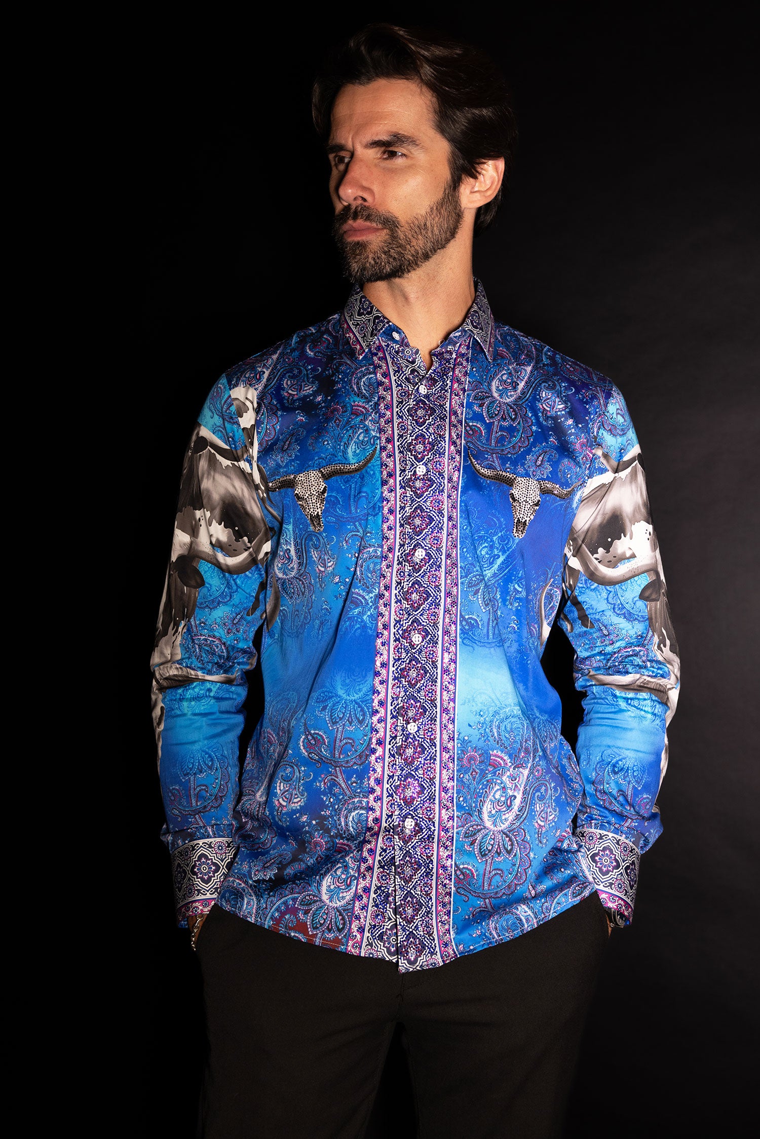 Barabas Men's Rhinestones Animal Paisley Long Sleeve Shirts 5SPR12 Blue