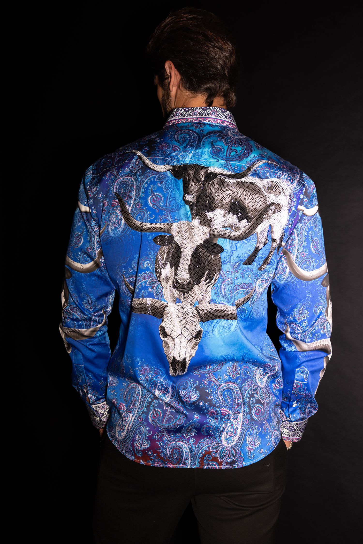Barabas Men's Rhinestones Animal Paisley Long Sleeve Shirts 5SPR12 Blue