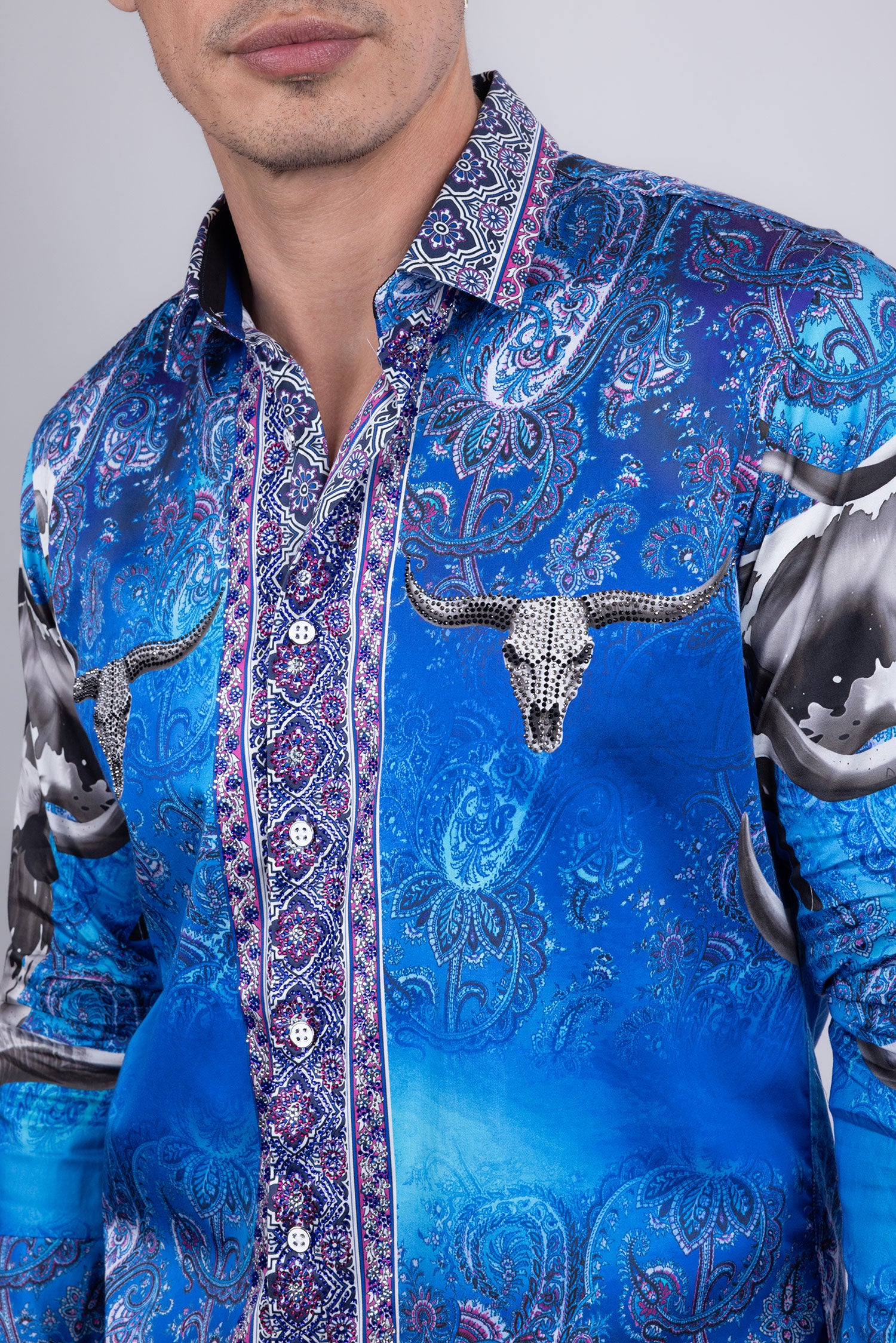 Barabas Men's Rhinestones Animal Paisley Long Sleeve Shirts 5SPR12 Blue