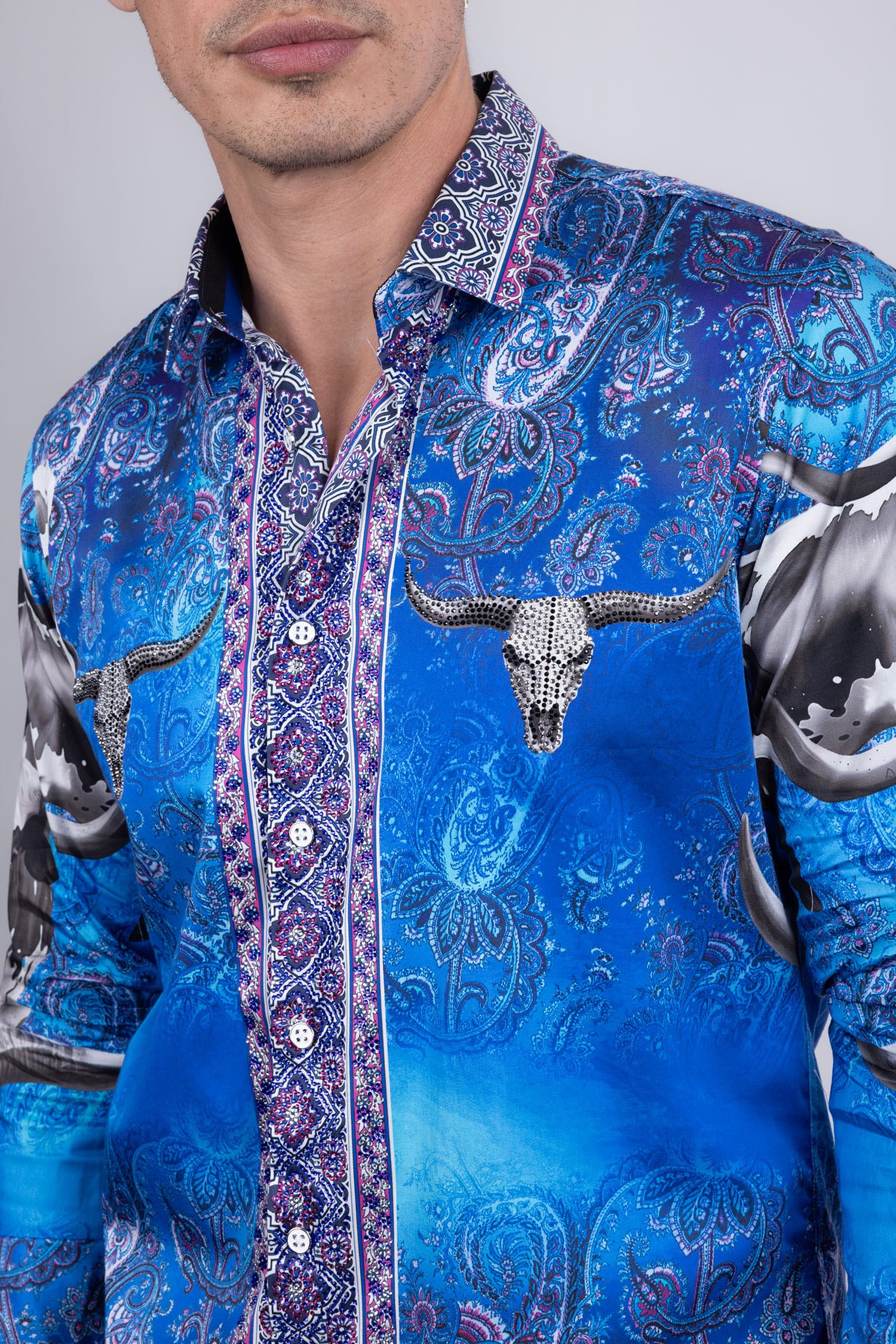 Barabas Men's Rhinestones Animal Paisley Long Sleeve Shirts 5SPR12 Blue