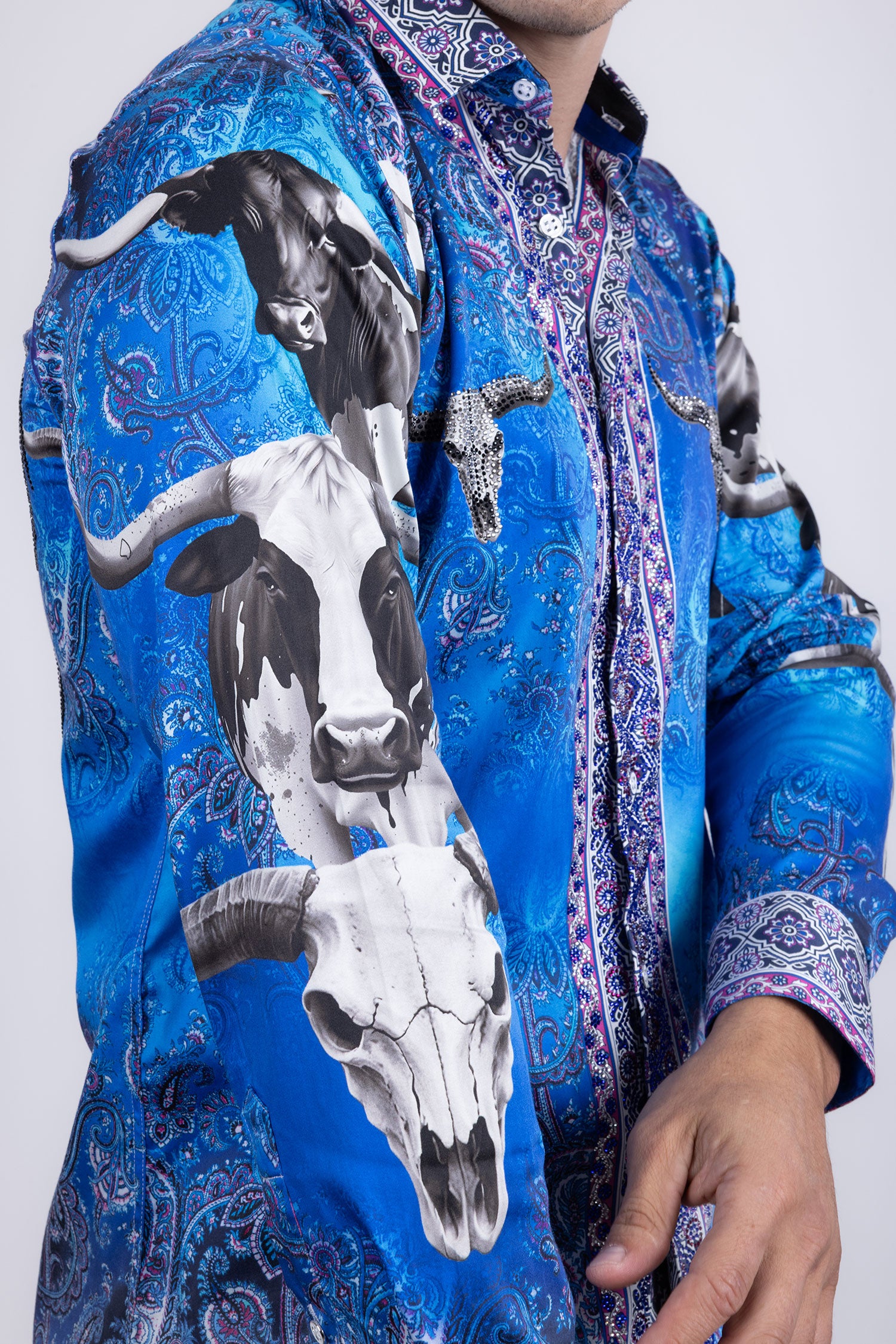 Barabas Men's Rhinestones Animal Paisley Long Sleeve Shirts 5SPR12 Blue