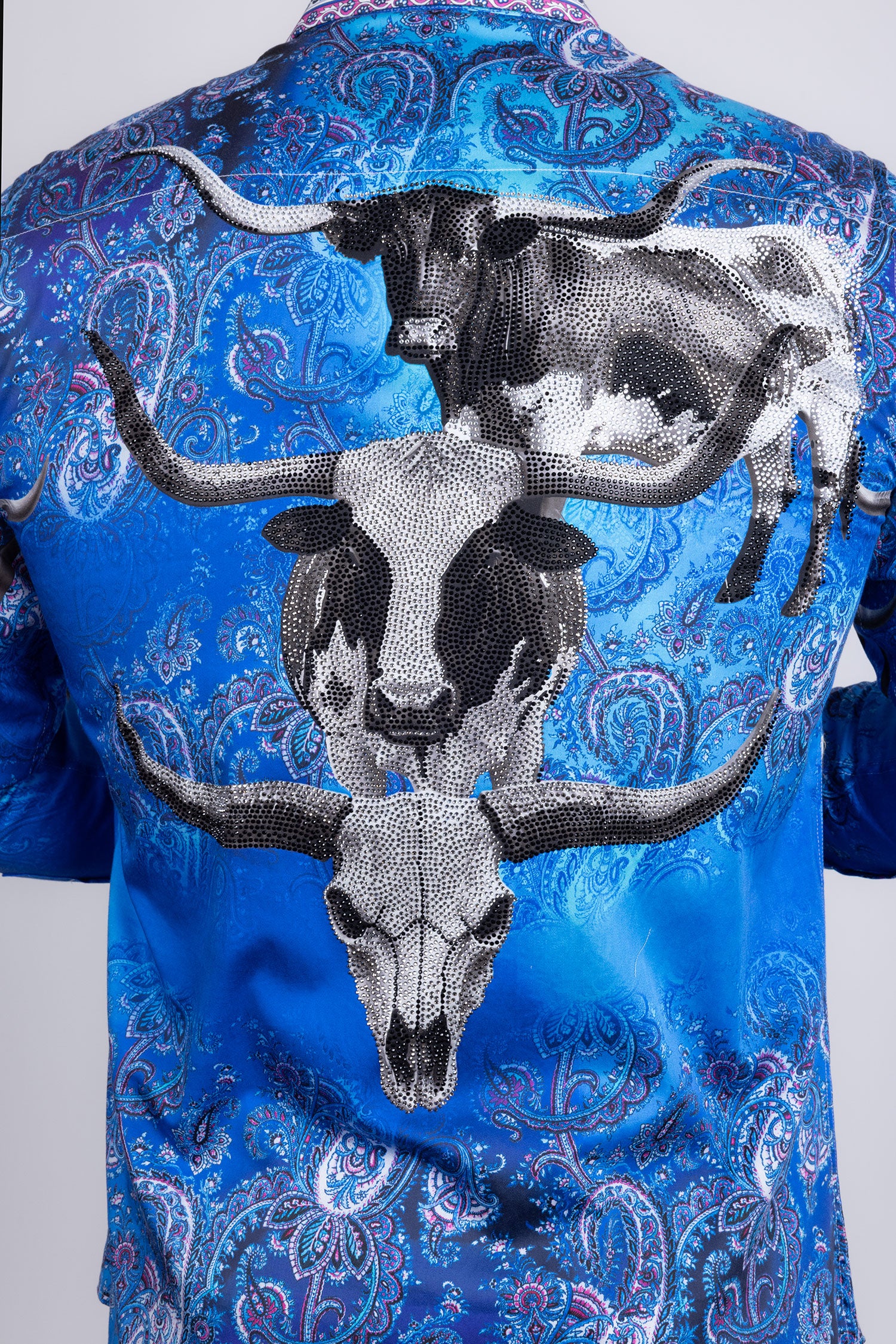 Barabas Men's Rhinestones Animal Paisley Long Sleeve Shirts 5SPR12 Blue