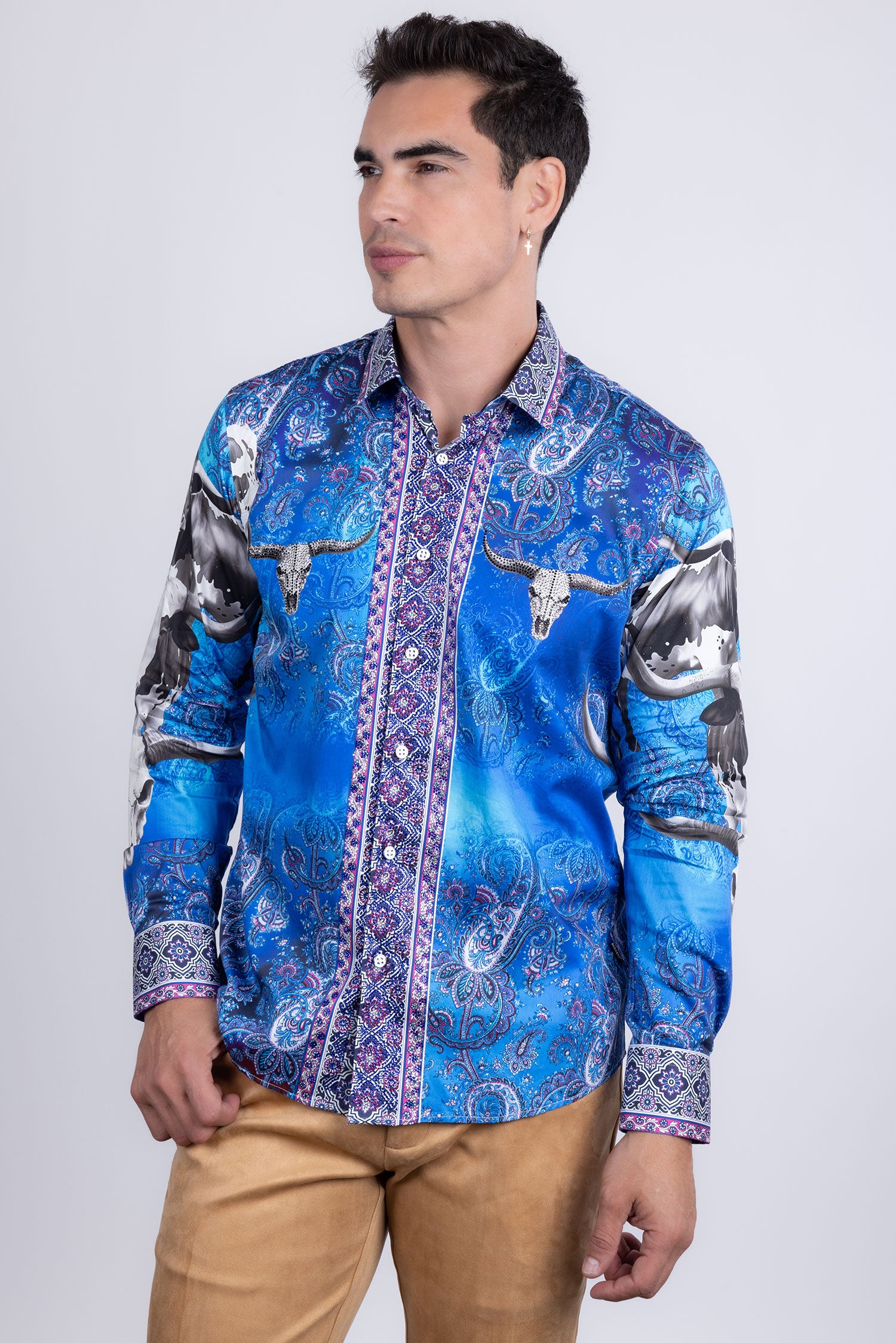 Barabas Men's Rhinestones Animal Paisley Long Sleeve Shirts 5SPR12 Blue