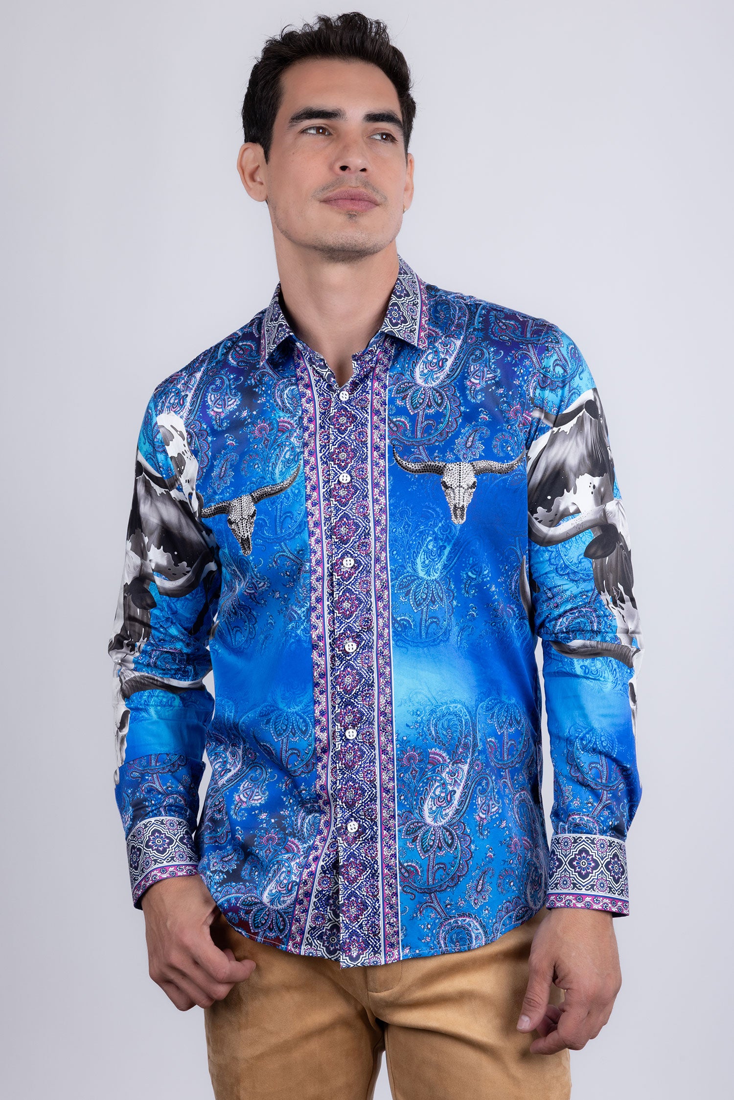 Barabas Men's Rhinestones Animal Paisley Long Sleeve Shirts 5SPR12 Blue
