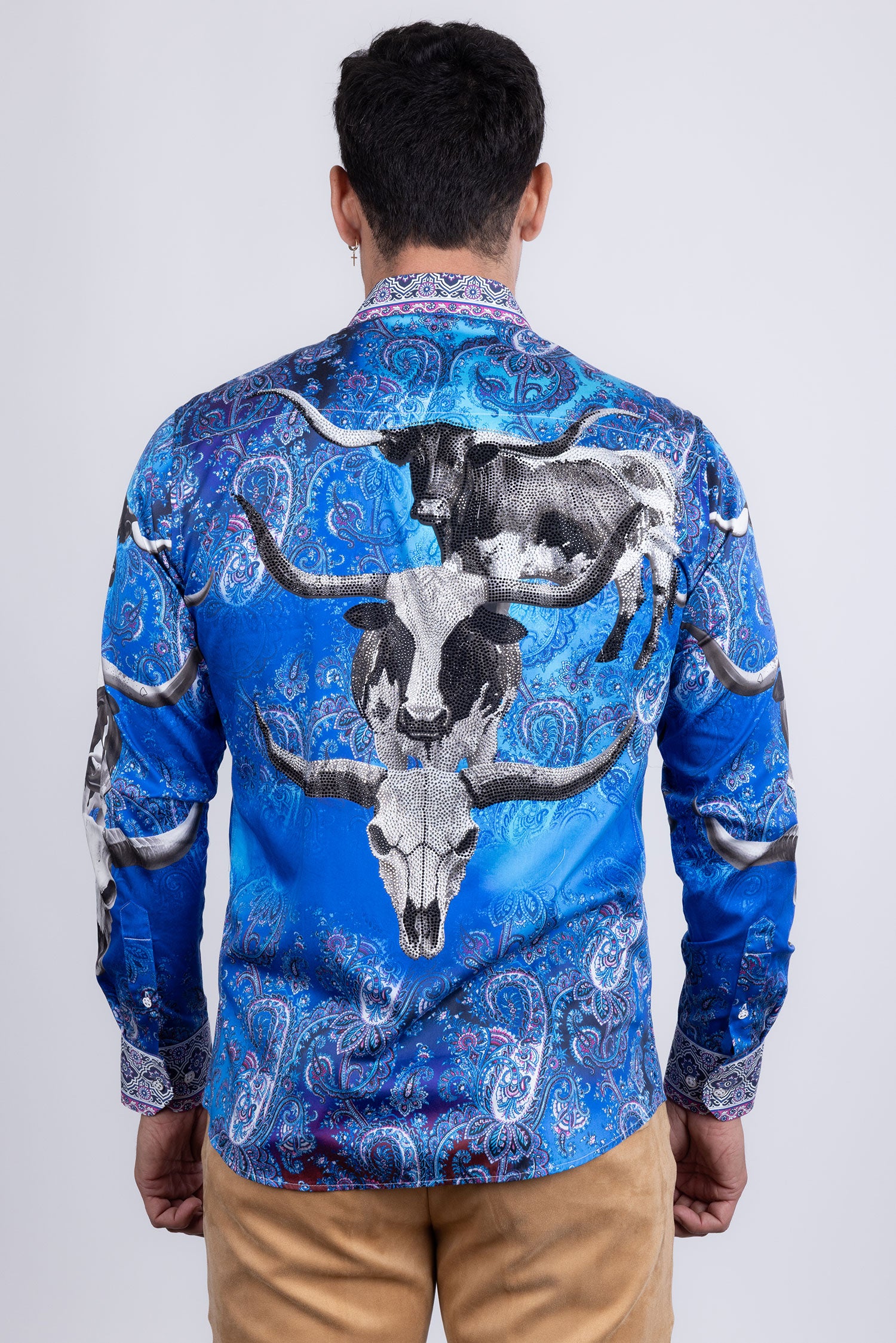 Barabas Men's Rhinestones Animal Paisley Long Sleeve Shirts 5SPR12 Blue