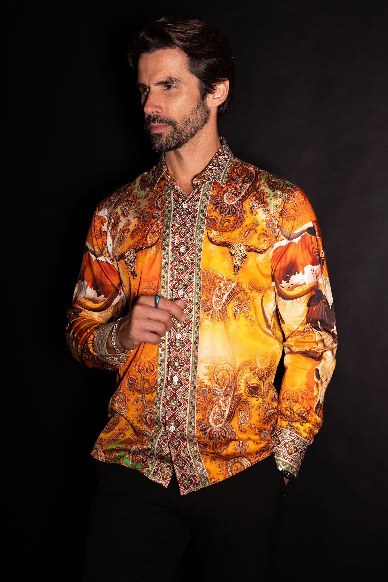 Barabas Men's Rhinestones Animal Paisley Long Sleeve Shirts 5SPR12 Multi